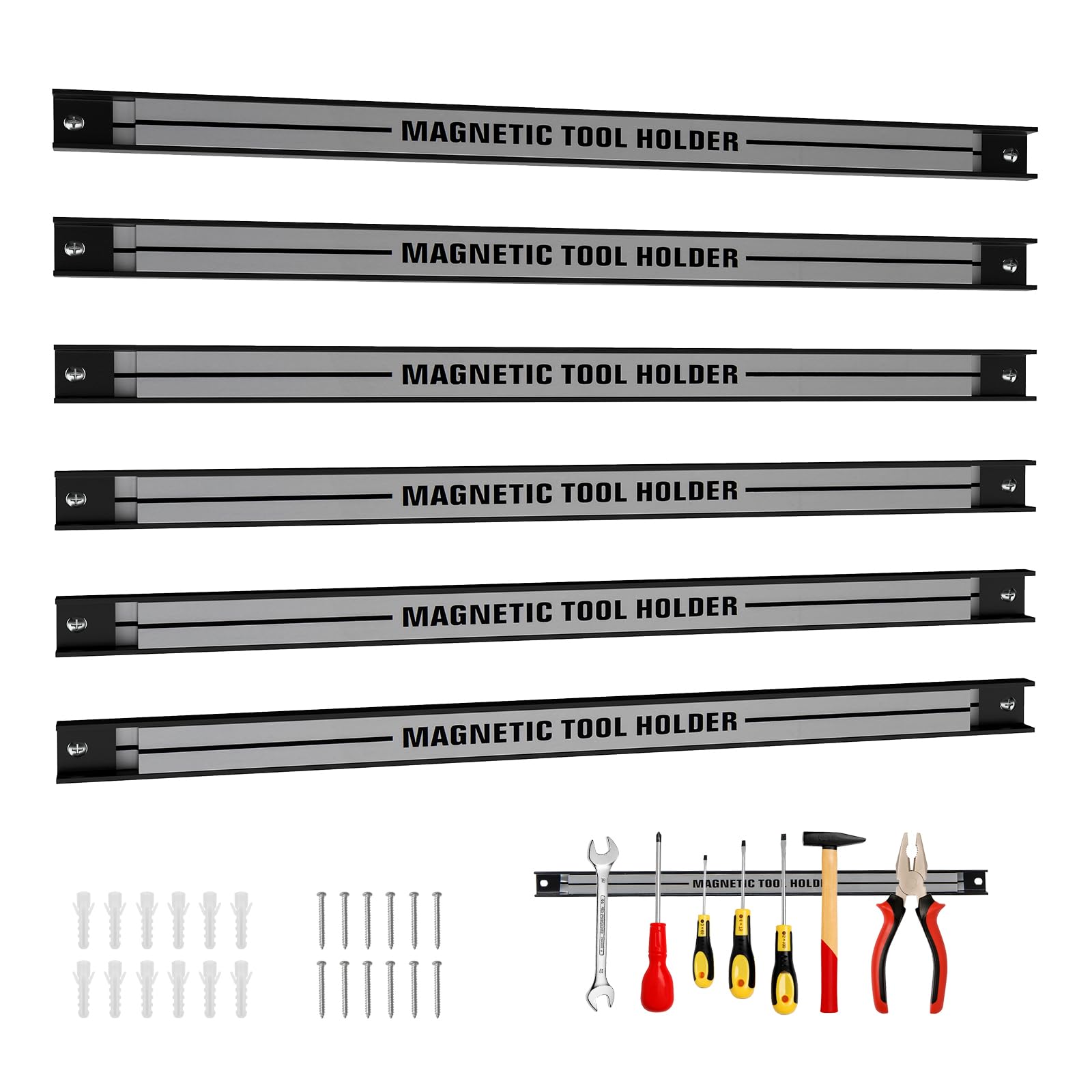 TANGZON Set of 3/6 Magnetic Tool Holder Rack, Heavy-Duty Steel Wall Mounted Tool Strip Organizer, Garage Wall Holder for Screwdriver Wrench (6PCS with Same Length, Grey)