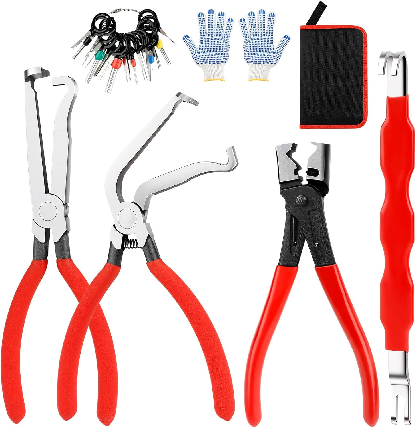 7 Pcs Electrical Disconnect Pliers and Terminal Pin Removal Tool Set for Cars 37960/37980/13120 with Work Gloves and Tool Bag Hose Clamp Pliers Kit for Automotive Electric Wire Plugs Separator(Red)