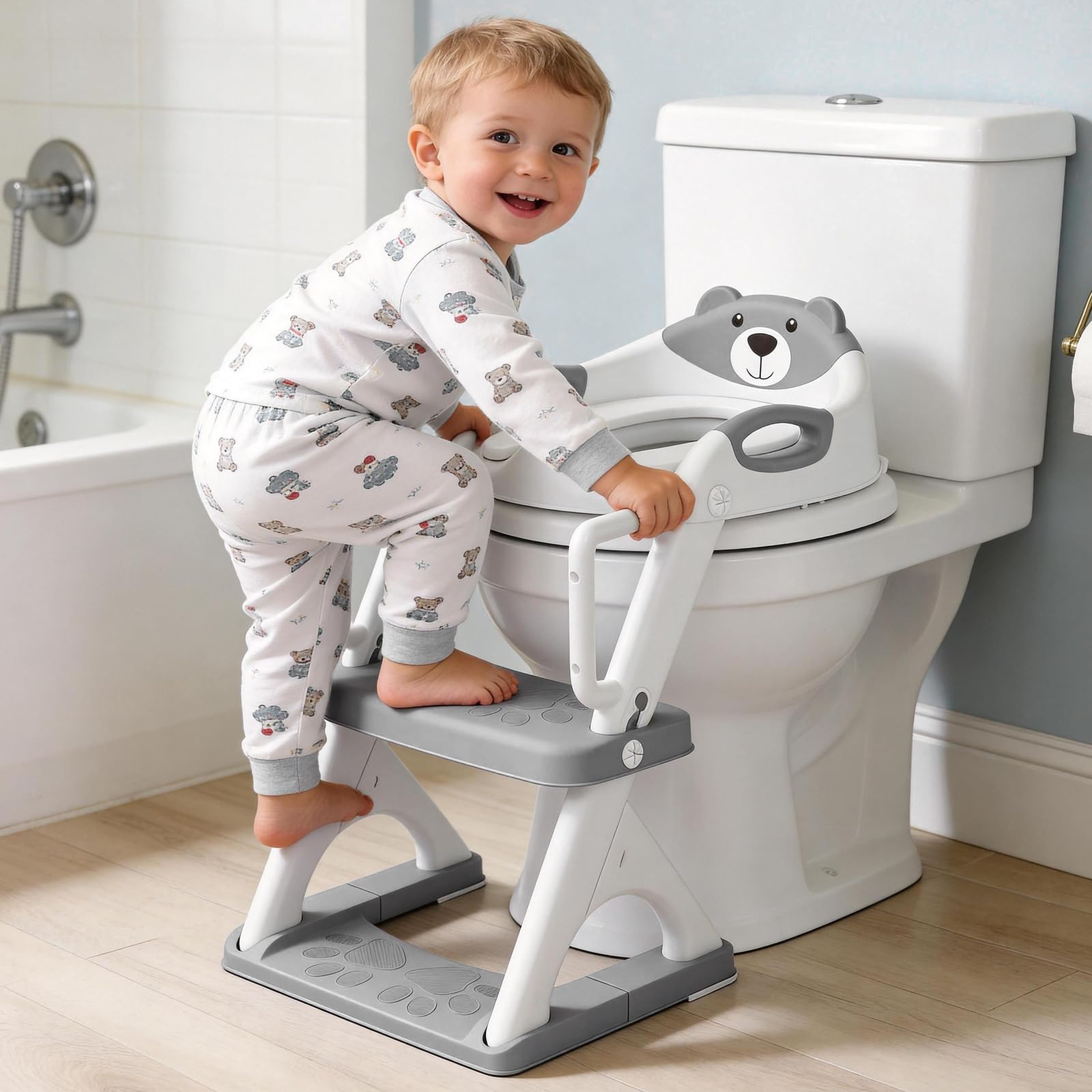 SKYROKU 8899Pro - Sedile WC per bambini, ragazzi e ragazze, 2 in 1, con paraspruzzi, antiscivolo, più sicuro e comodo (8899Pro, grigio)