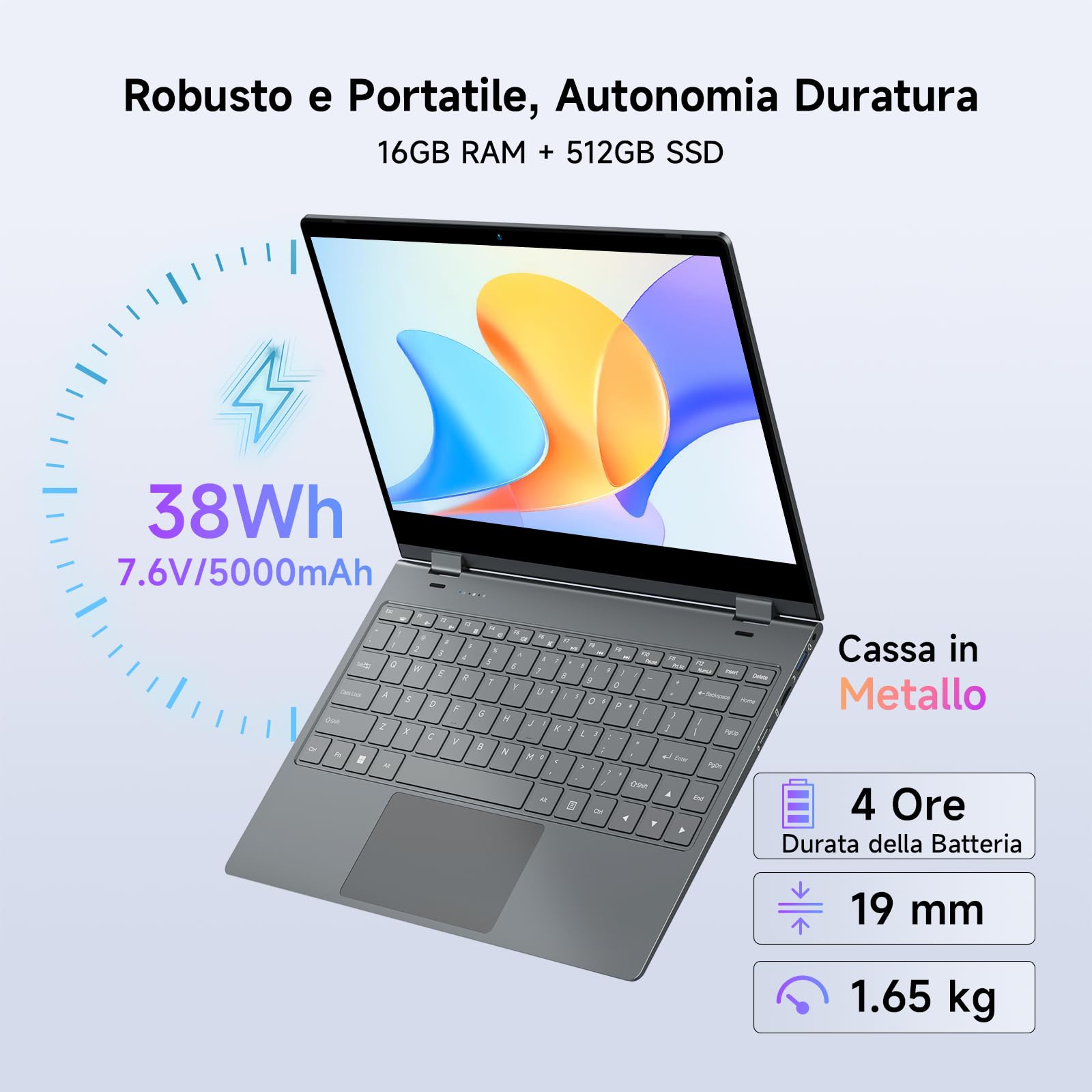 BMAX PC Portatile Intel N150 Notebook 14 Pollici 2 in 1 Touchscreen Computer Portatile 16GB RAM 512GB SSD Win 11 Tastiera Retroilluminata USB 3,2, Type C, BT5.0, Film per Tastiera Italiana