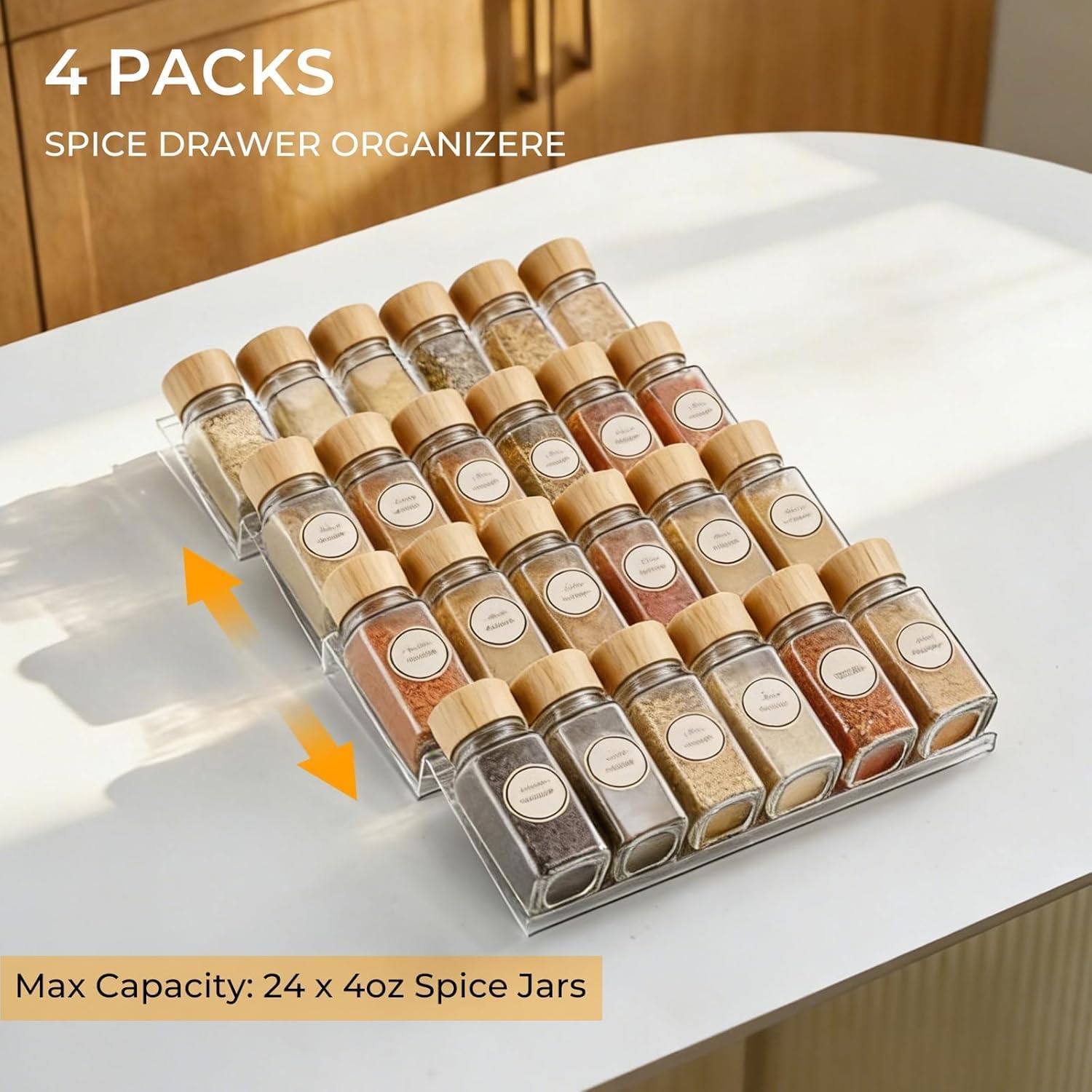 VBM Spice Rack Drawer Organizer Acrylic Transparent Expandable Spice Drawer Inserts, Adjustable 4 Tier Clear Seasoning Tray for Kitchen Cabinet, Countertop, Drawer Storage, Spice Organizer Rack 4