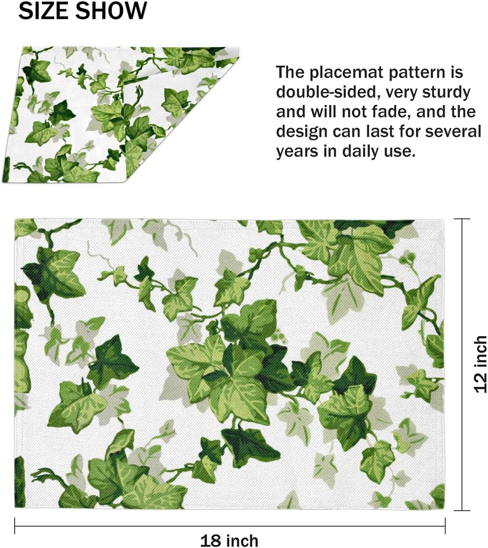 QsirBC Ivy Leaves Placemats Set of 6, Faux Linen Table Mats for Weddings Christmas Halloween Dinners, Reversible Double Layer Heat Resistant Tablemats Place Mats, 18x12 Inches