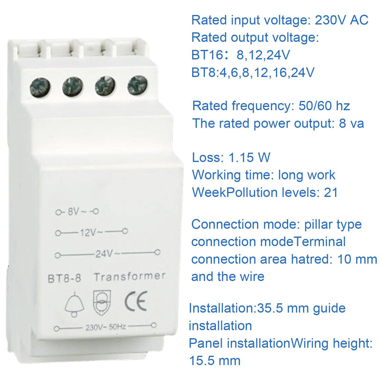 BAIFULAI Transformador de Timbre 8V-12V-24V - Se Adapta a Carriles Estándar de 35 mm - Para Timbre de Puerta