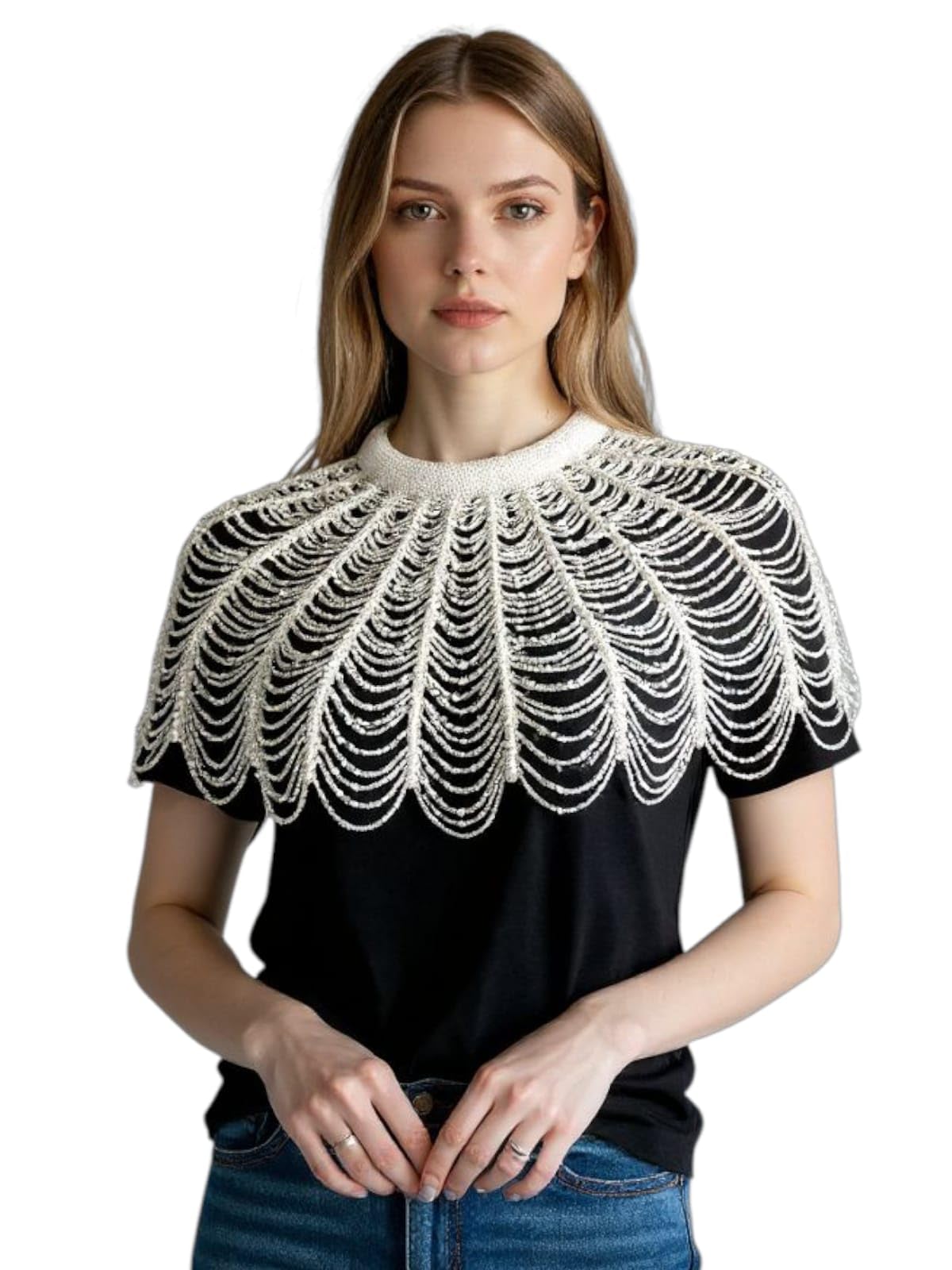 Women's Handcrafted net hand-beaded cape poncho with cut-sleeve shoulder design, this embellished cover-up pairs beautifully with sarees, dresses, and suits. Lightweight, stylish.