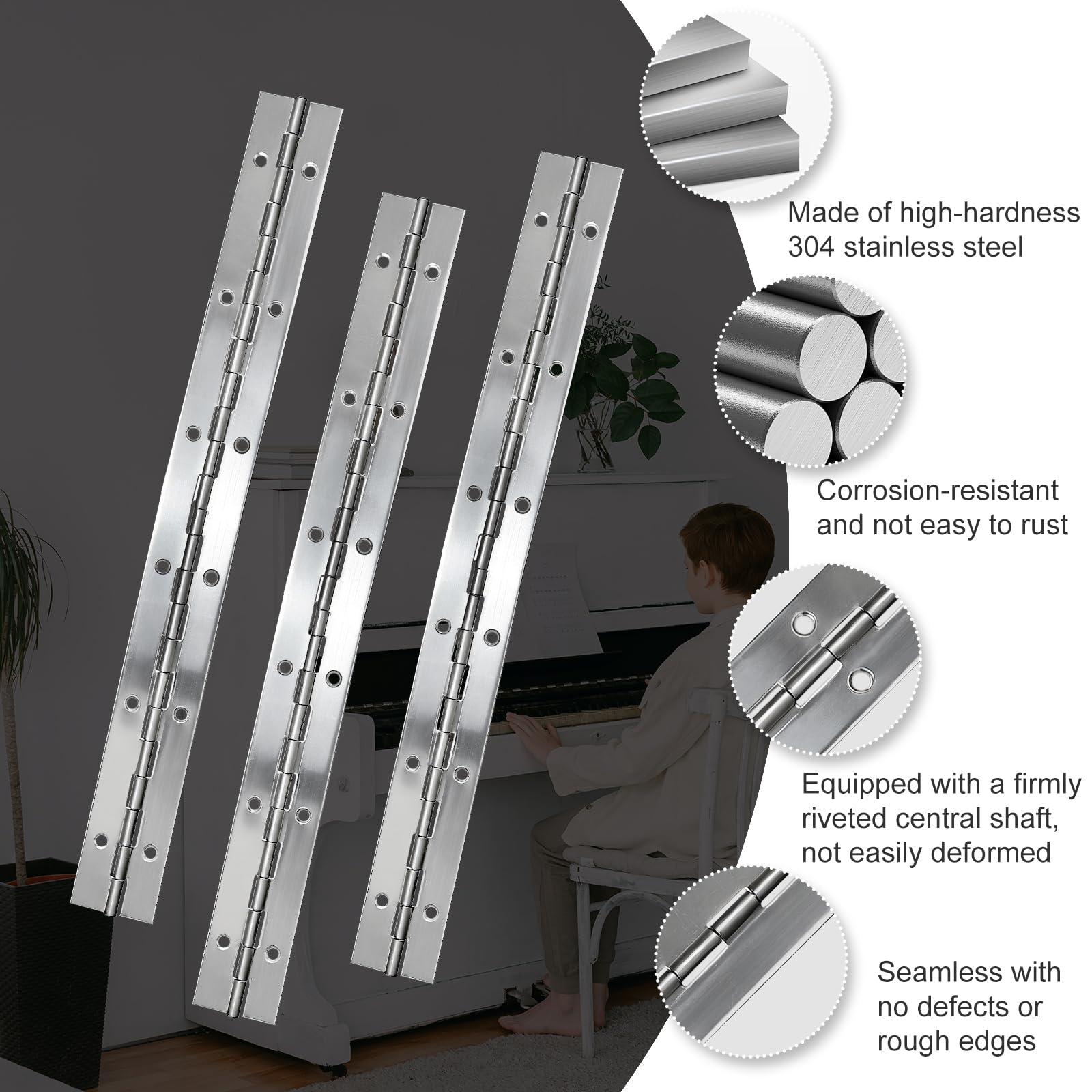 Bisagra de Piano de Acero Inoxidable 4 Piezas Bisagra Plegable con 12 Orificios con 48 Piezas de Muebles de Tornillos para Puertas de Armario, Barcos - 300 x 30 x 1,0 mm