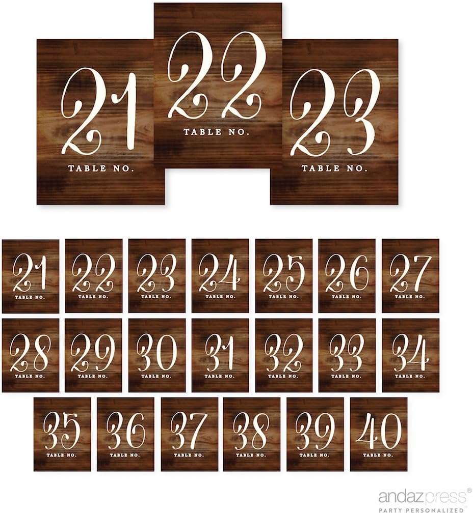 Andaz Press Rustic Wood Print Table Numbers 21-40, 4x6-Inches - Perfect for Wedding Reception, Restaurant, Classroom