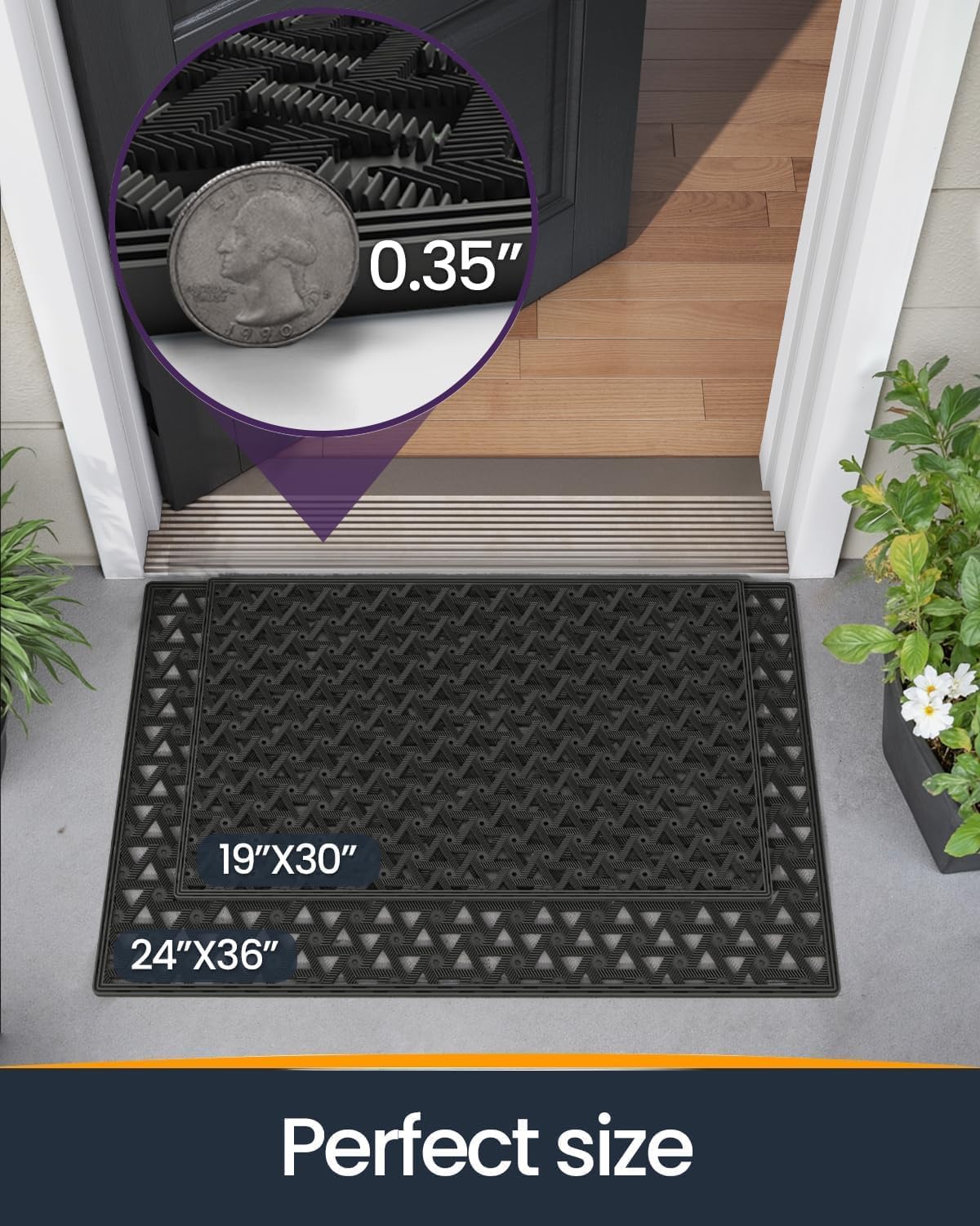 Door Mat Outside Front Entrance 19x30, Rubber Welcome Doormat Non Slip, Welcome Heavy Duty Waterproof Exterior Entry Matt All Weather for Entryway, All Black - Image 2