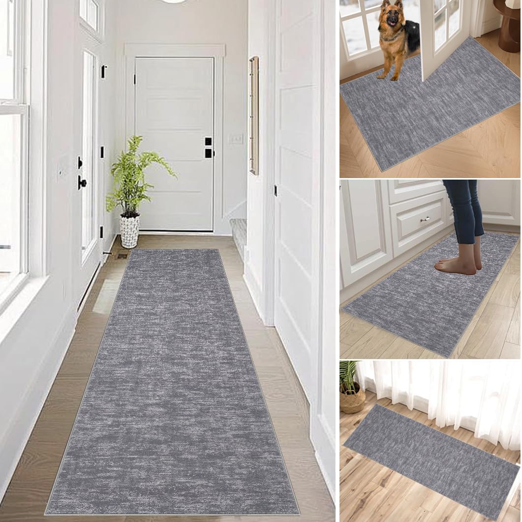 XUEGAIXIA Washable Carpet Runner Rug for Kitchen Long 100 x 550 cm Grey Runner Rug for Hallway Non Slip Heavy Duty Hall Runner Door Mat Absorbent Area Rugs Low Pile Floor Mat for Bedroom Entryway