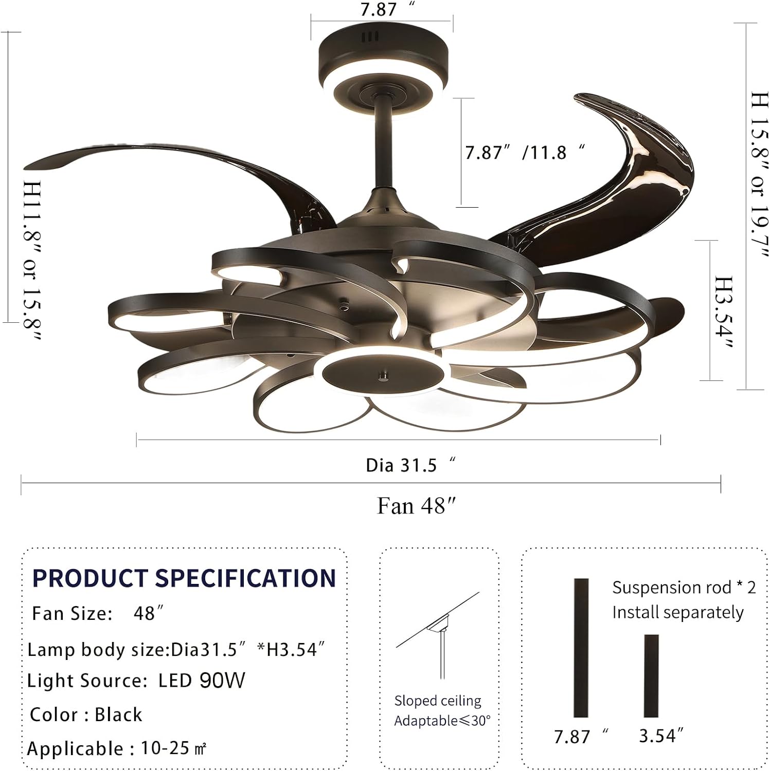 48" Retractable Ceiling Fan with Lights Modern Fandelier Fan Light with Remote Bladeless Fan Ceiling Light for Bedroom Living Room 6 Speed Black (Black RFL25006)