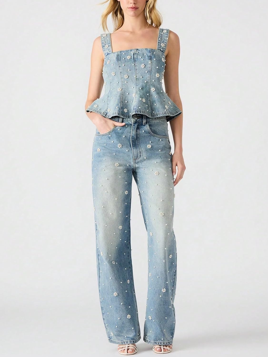 Pearl Jeans for Women Trendy High Waisted Straight Leg Jeans Boyfriend Rhinestone Wide Leg Denim Pants Trousers