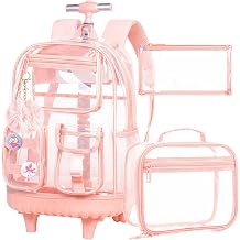 CCJPX 3Pcs Clear Rolling Backpack for Girls Women, Heavy Duty PVC Transparent Wheeled Bookbag, See Through School Bags with Wheels for Teens Elementary Travel - Black
