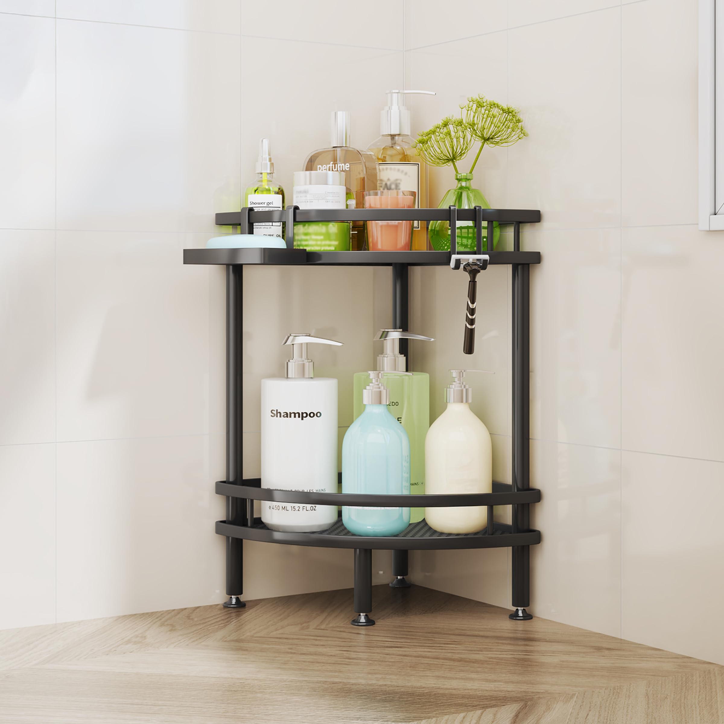 HapiRm Standing Corner Shower Caddy - 2 Tier Shower Organizer Corner with Soap Holder and 2 Hooks, Rustproof Bathroom Storage Shelves with Adhesives, Black