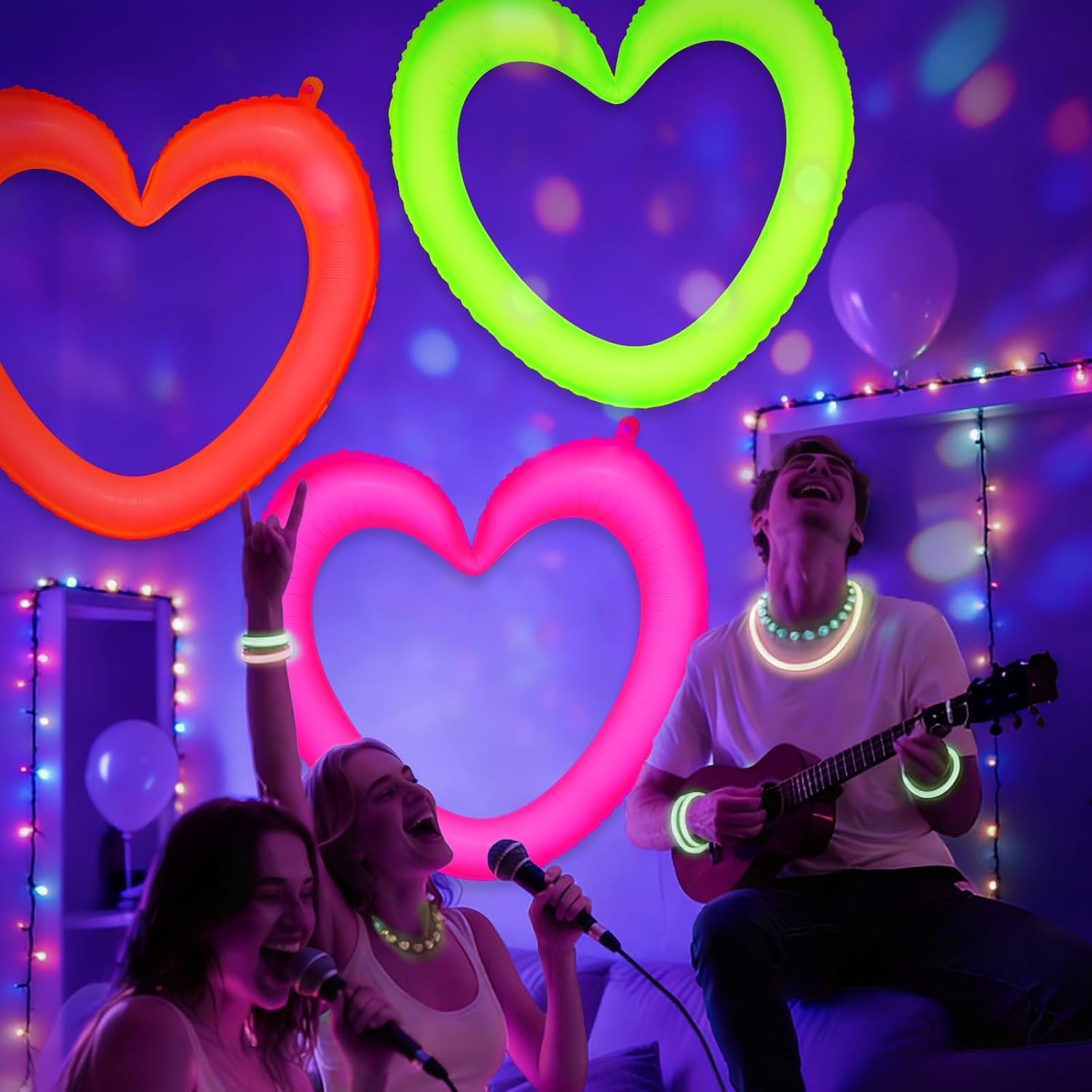 Mega-L Glow in The Dark Party Supplies, 5 Pcs Neon Heart Balloons, Fluorescent Red Yellow Fuchsia Blue and Orange, Photo Booth Props for Valentines Day, Birthday, Wedding, Engagement Romantic Decor - Image 9