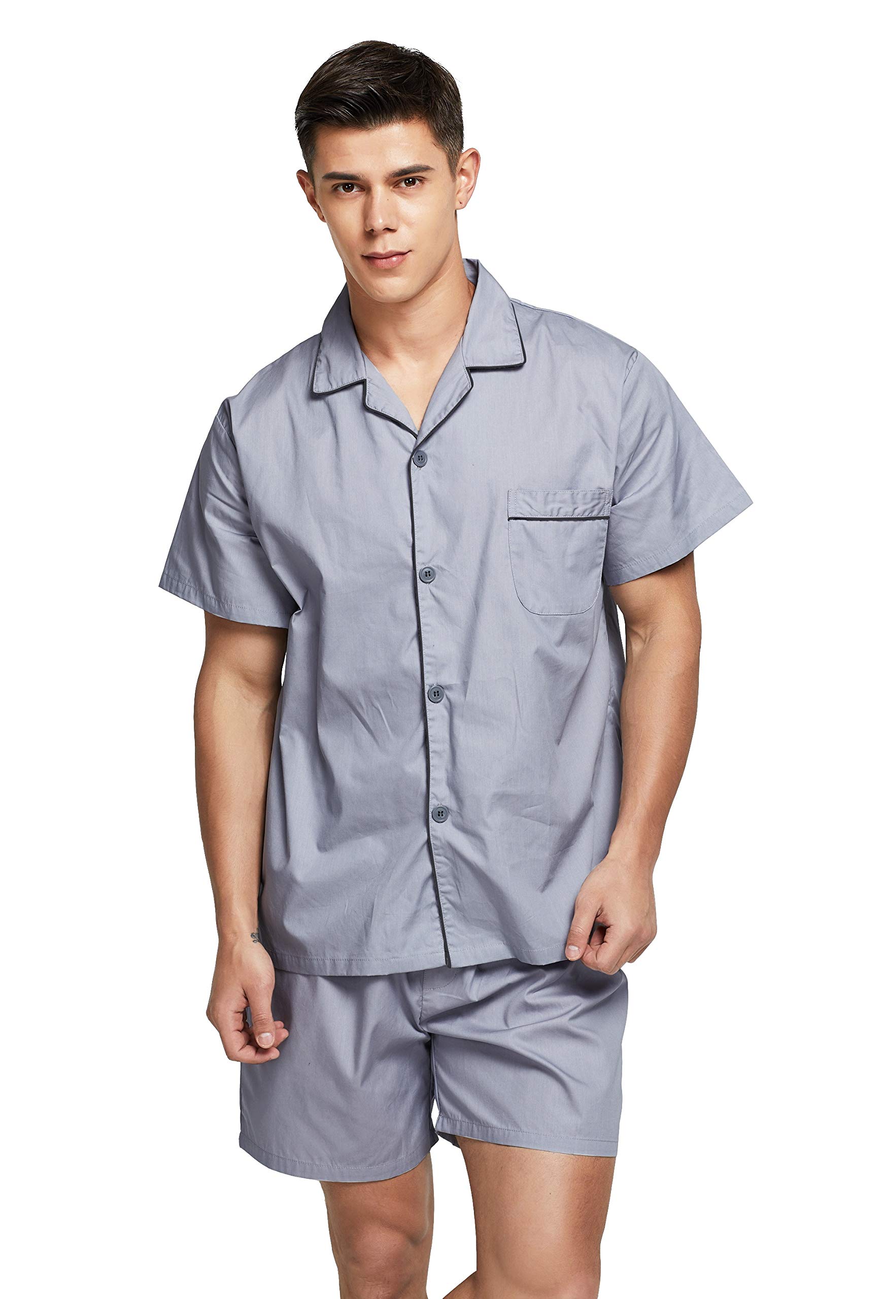 Mens Cotton Pajamas Short Sleeve Pajama Set Woven Sleepwear Loungewear
