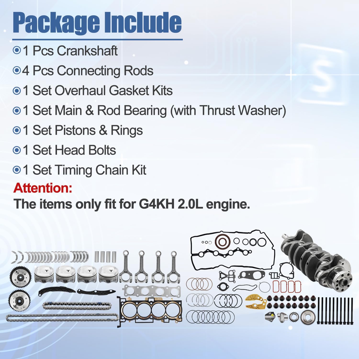 G4KH 2.0L Engine Rebuild Overhaul Kit for Hyundai Elantra Sonata Tucson & KIA Forte Soul Sportage 2011–2022 – Includes Timing Chain, Crankshaft & Connecting Rods