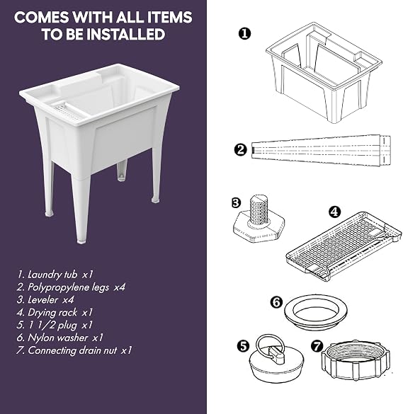 32” Utility Sinks for Laundry Room, Garage, Garden, Basement – Noah William Home Indoor and Outdoor Polypropylene Basement Wash Tub - No Faucet Included (White) | Indoor and Outdoor Use, 26 Gal Capacity, No Faucet Included, Rust Proof, Adjustable Legs