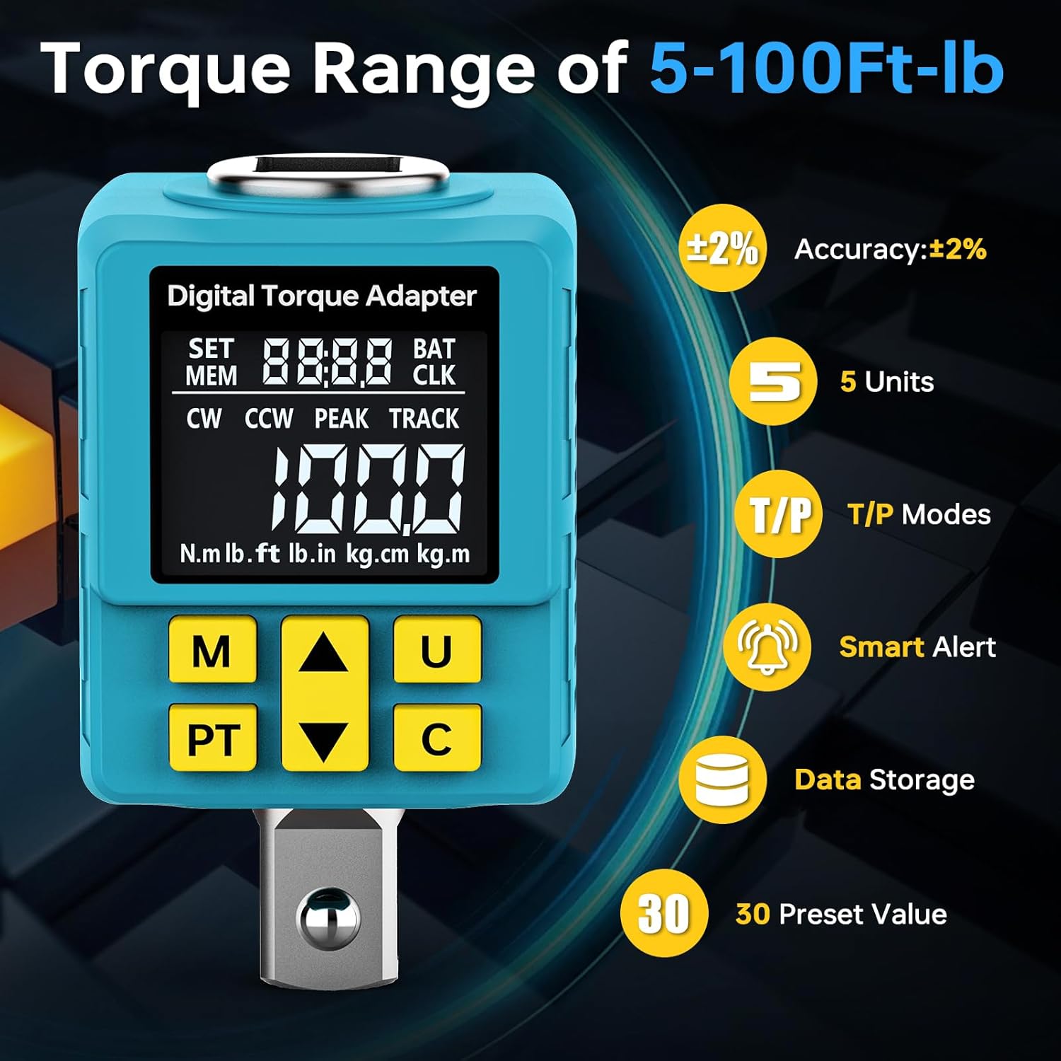 Upgrade 1/2" Digital Torque Adapter, (±1% Accuracy, 5-100Ft-lb), Precision Digital Torque Wrench Adapter with Color Display, Smart Alert, 1/4", 3/8" Converters for Auto, DIY & Home Repairs(135N.m) thumbnail
