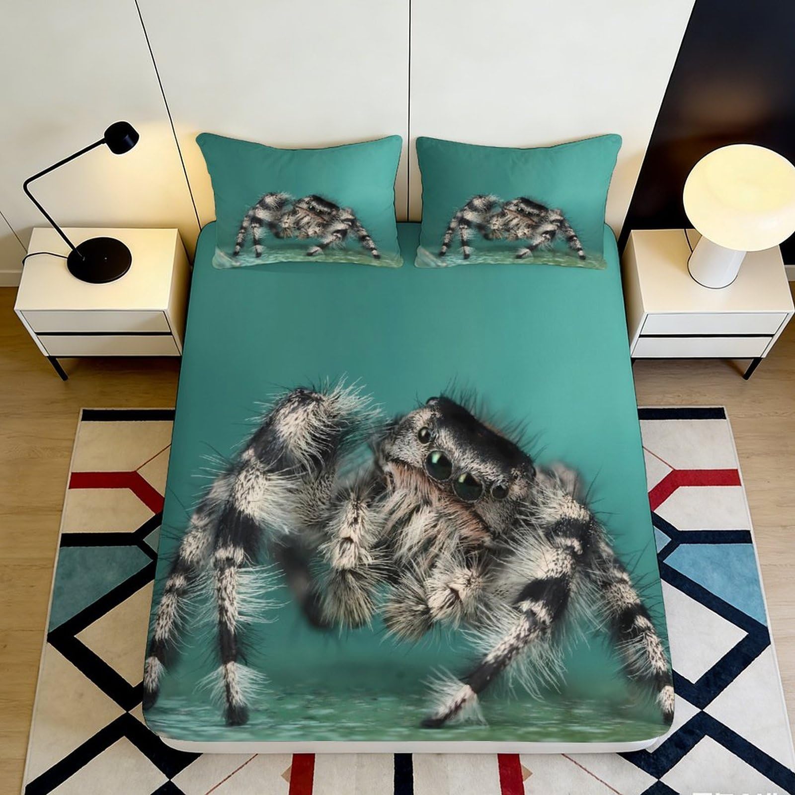 3D Printed Giant Spider Fitted Sheet Microfiber Soft Green Tarantula Mattress Cover for Bedroom Dorm Home Decor 90x200x25cm