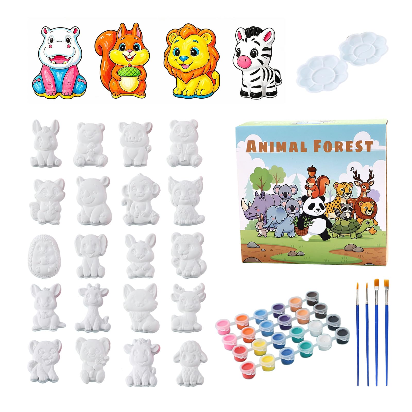 GloomGlo Kit di 24 animali in gesso, 8 set di statuette di animali della foresta dello zoo con colori lavabili, tavolozza di pennelli, articoli artistici fai da te, regali per bambini