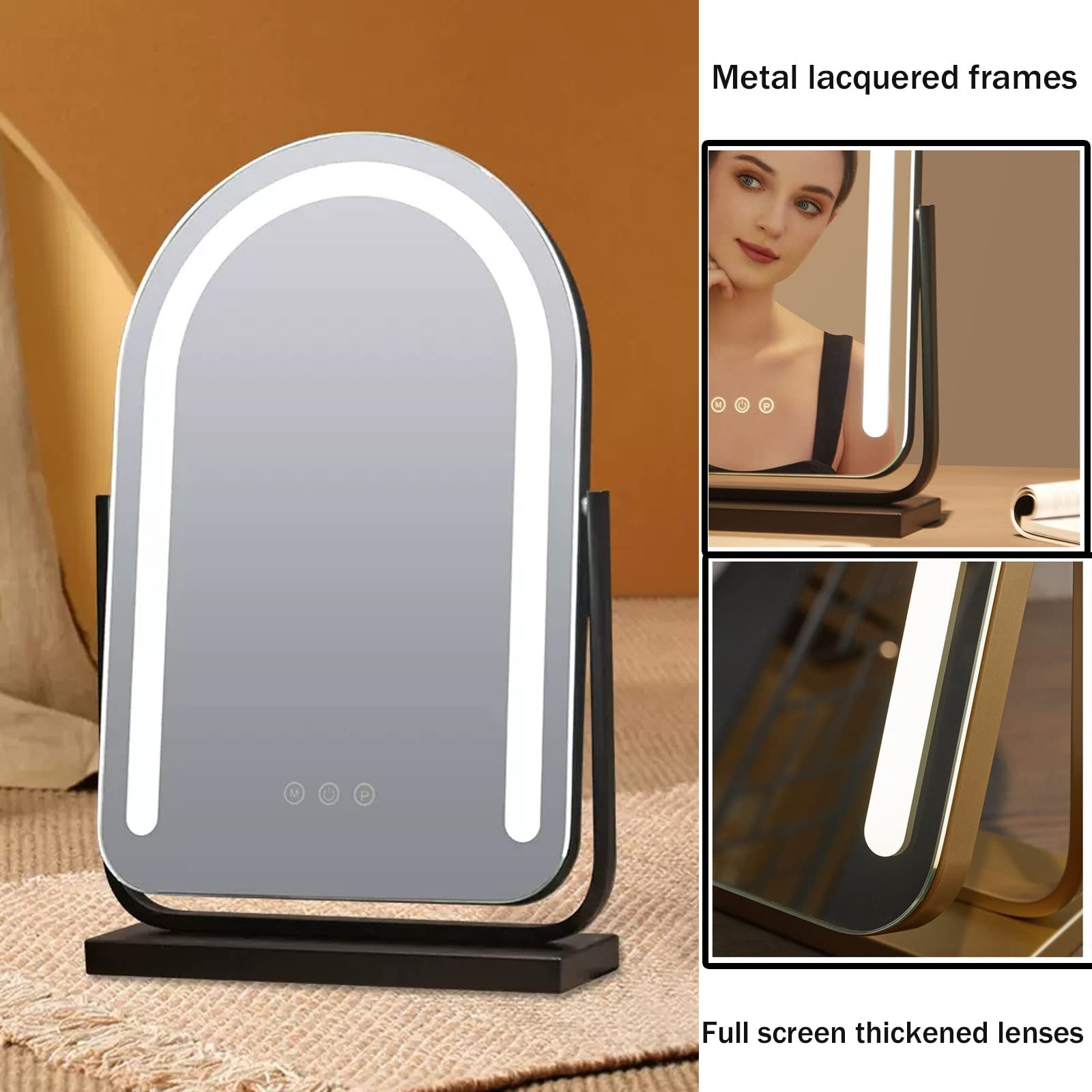 LED-Make-up-Spiegel mit 3 Beleuchtungen, M-Touch-Sensor, gewölbtes ovales Design, schwarzer Vani-Tischspiegel für flless Make-up-Anwendung, ideal für Zuhause und Reisen