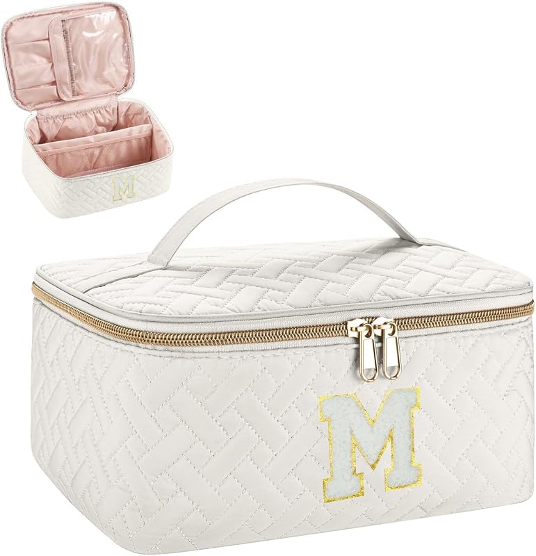 Necessaire de maquiagem JRQCSJY com inicial, divisórias removíveis, zíper e alça, Off White, M