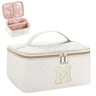 Gifts Initial Makeup Organizer Bag for Girls, Chenille Letter Personalized Cosmetic Bag with Zipper & Handle | Preppy Quilted Portable Makeup Pouch Teen Birthday Gifts (M, Off White) - Amazon product rated Grade A