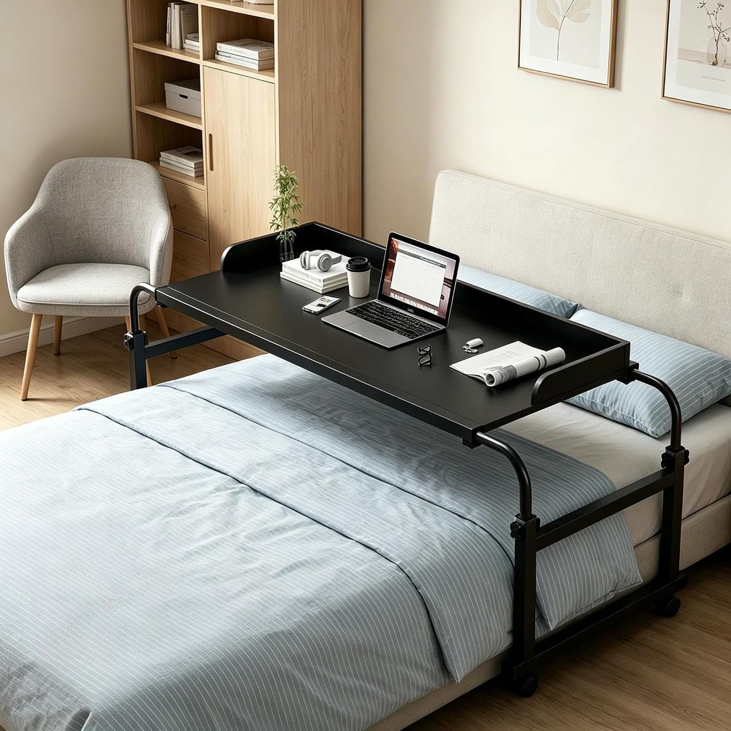 Bed Table, Overbed Table with Wheels, Mobile Laptop Cart Computer Desk