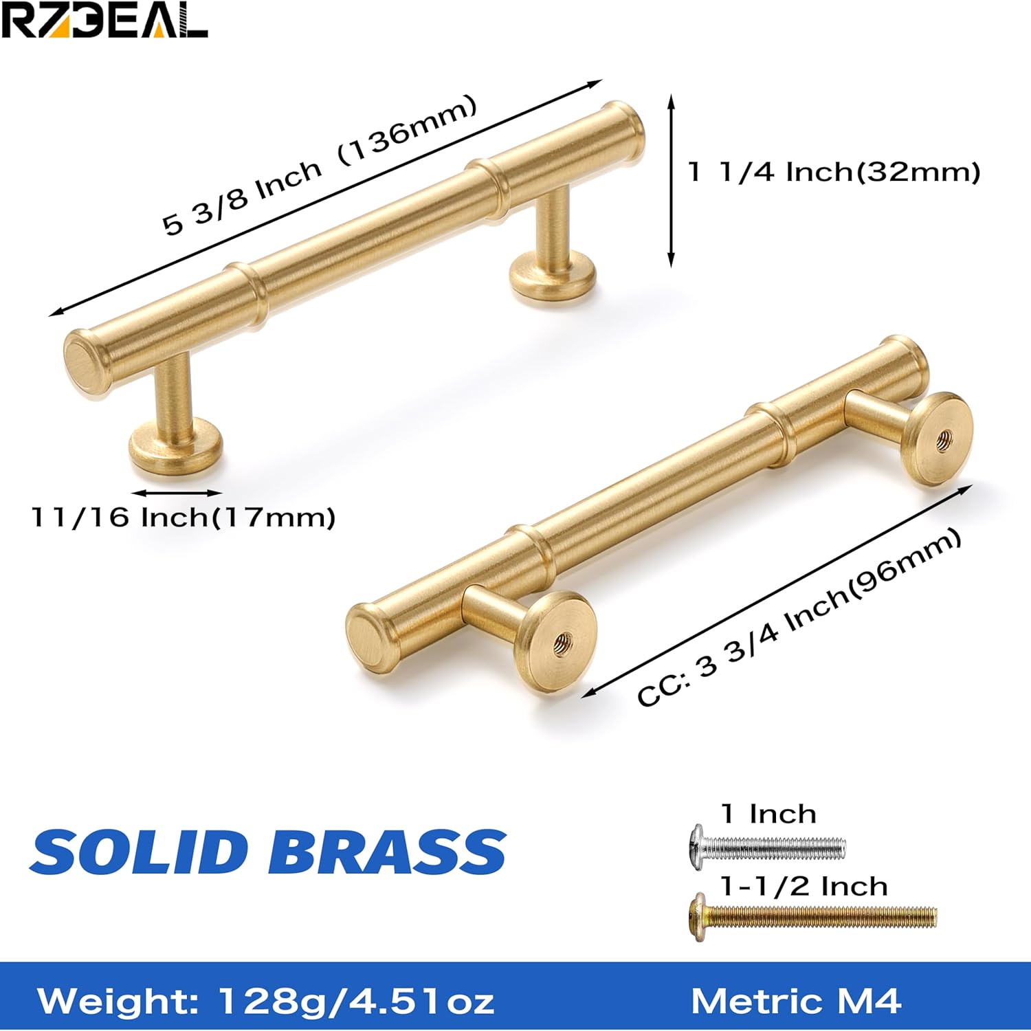 RZDEAL 4-Pack Solid Brass Cabinet Pull 3-3/4 Inch Modern Kitchen Handles for Cabinets, Drawers, Dressers,Cupboard, Gold Furniture Hardware, Brushed Brass Finish