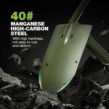 REDCAMP 23 Military Folding Camping Shovel w/Cover,Portable Shovel with High Manganese Steel, Tactical Entrenching Tool Tri-fold Handle Shovel for Camping Hiking Sand Mud Snow Beach, Green 2.5Lbs