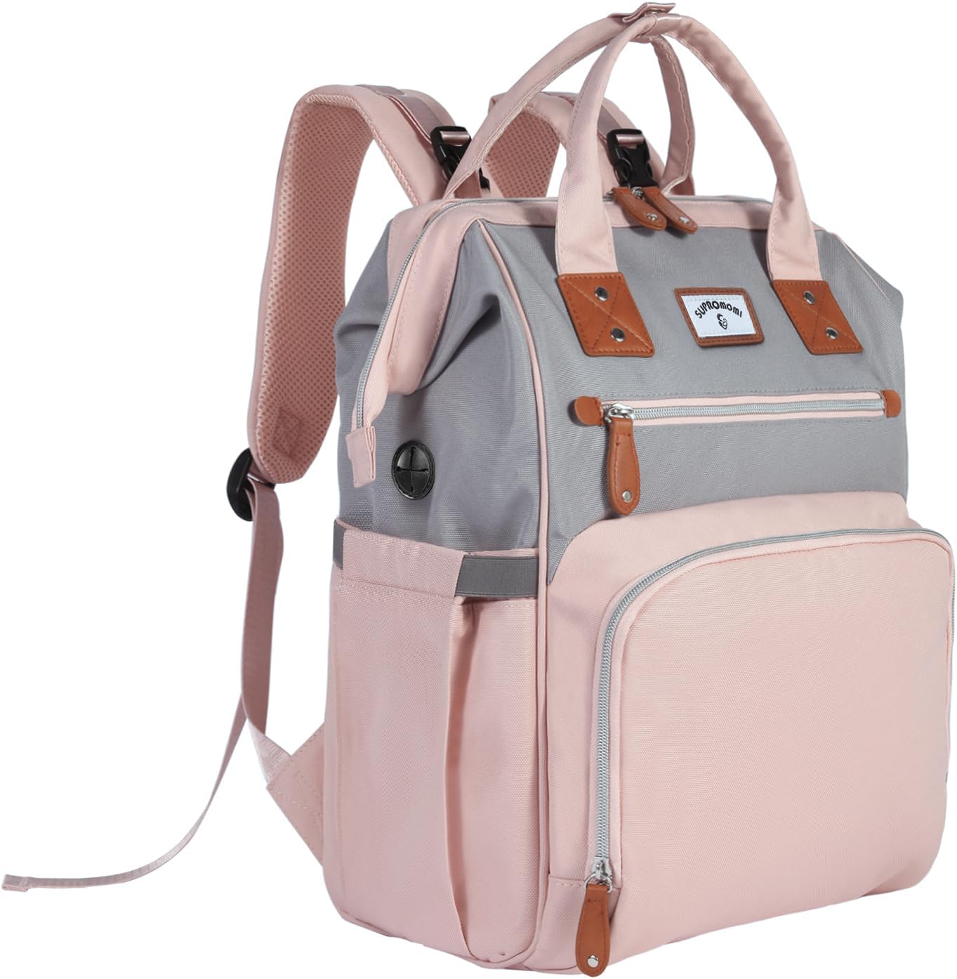 Diaper Bag Backpack: Tote Baby Bag for Boy and Girl, Large Mommy Bag Insulated Pockets Charger Holes for Men and Women, Nappy Bag for Baby Airplane Traveing Pink Gray