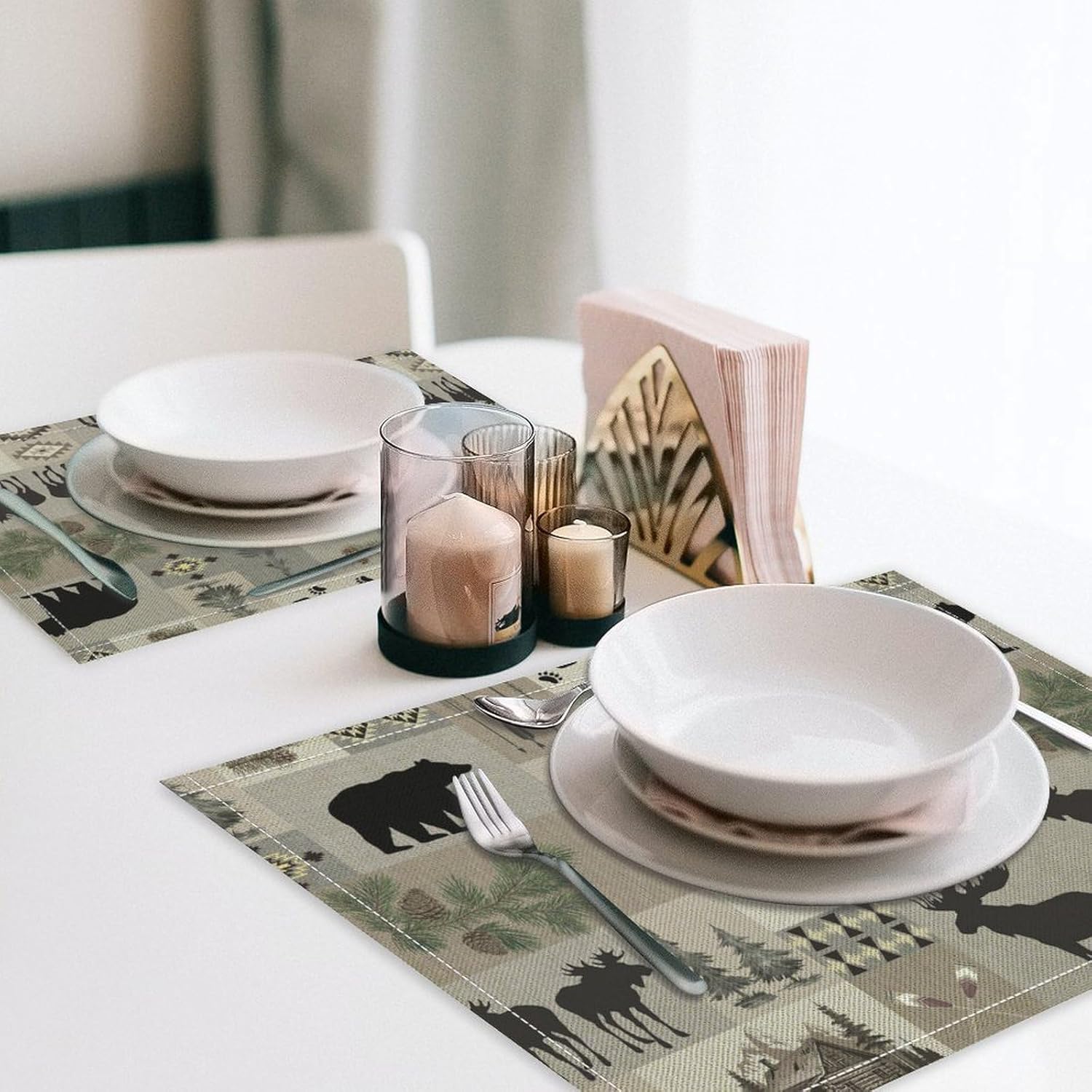 Retro Rustic Lodge Bears Deer Placemats Set of 6, Vintage Cabin Pine Tree Farmhouse Country Style Place Mats, Heat Resistant Non Slip Cotton Linen Dining Table Mats for Home Kitchen 18x12 Inch