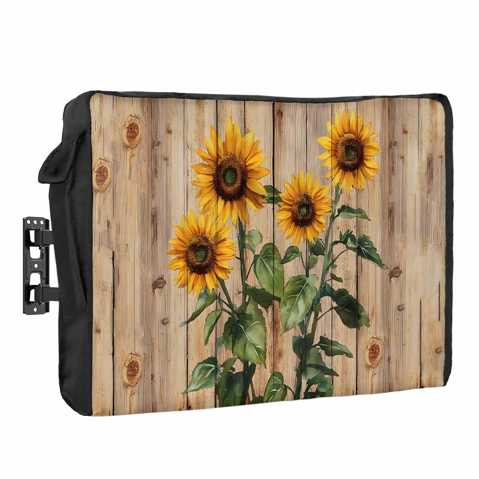 Vintage Summer Sunflower Outdoor TV Cover 32 Inch Weatherproof Waterproof Outdoor TV Enclosure, Dustproof TV Screen Protector for Outside with Remote Control Pocket, Wooden Texture