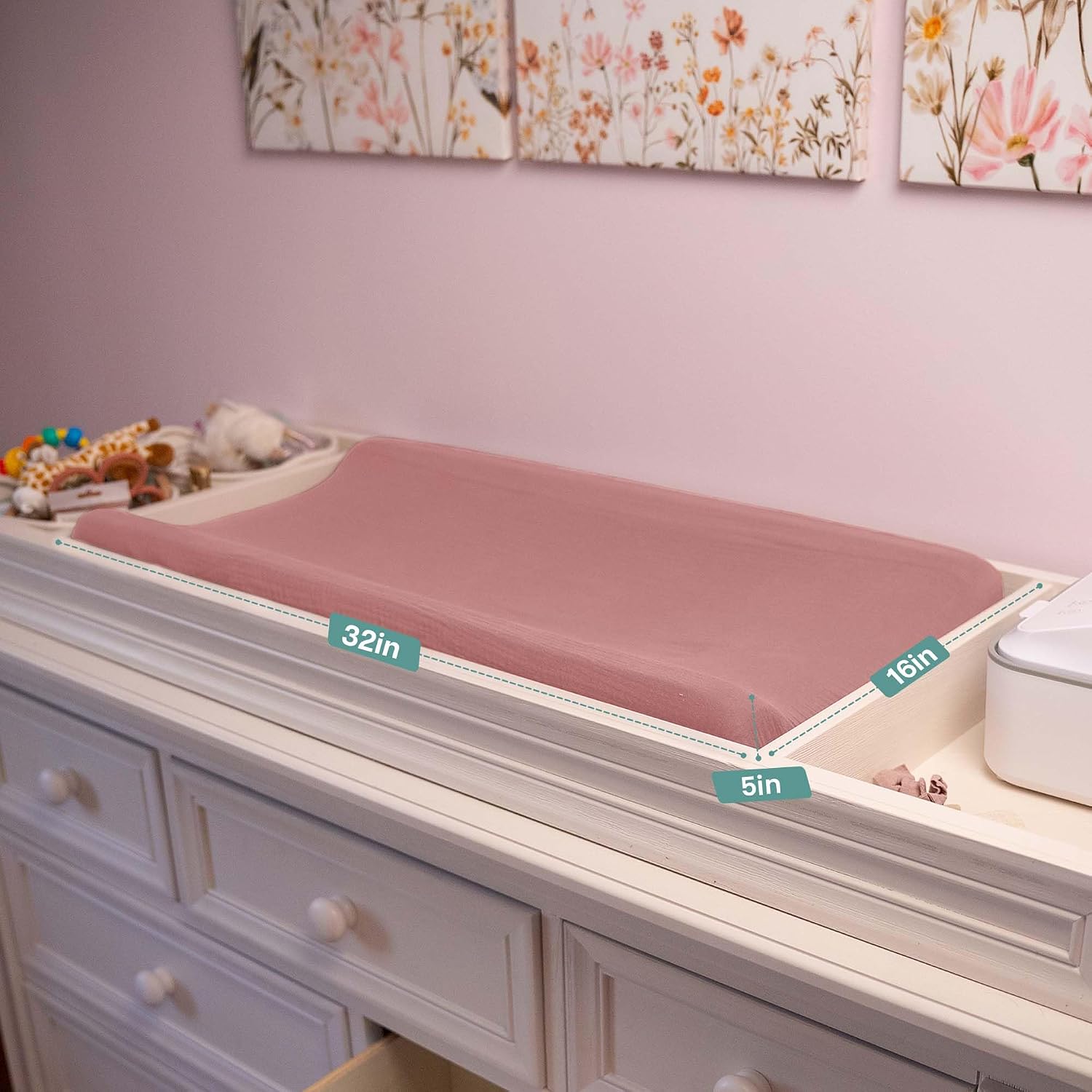 Mi Flor 4 Pack Muslin Changing Pad Cover 16x32x5 inches – Ultra Soft CPC Certified Baby Changing Table Cover with Elastic Corners, 360° Fit, Lightweight, Breathable, Fits Most Changing Pads