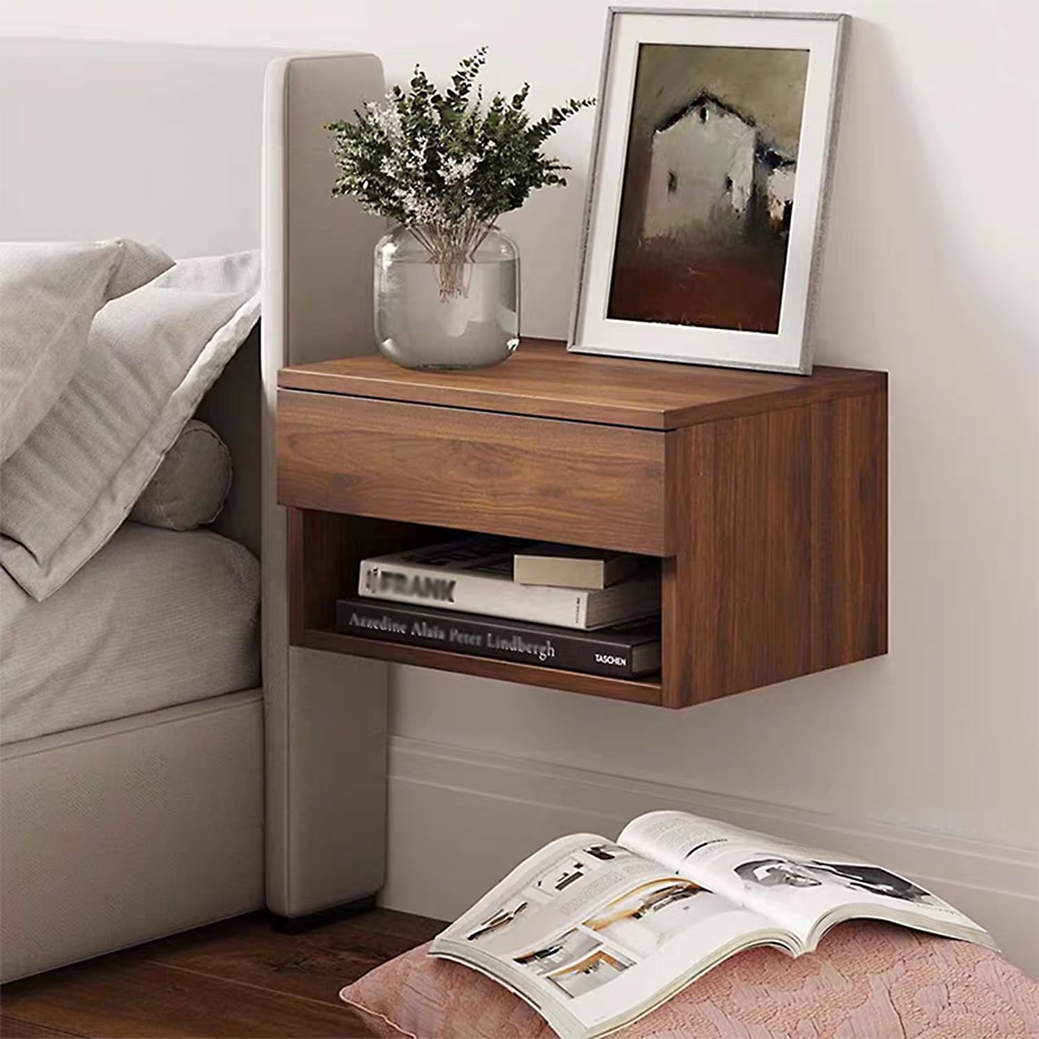 Set di 2 comodini sospesi a Parete, Comodino Moderno con mensola a Parete, Comodino sospeso con Contenitore, comodini in Legno, per Soggiorno, Camera da Letto, dormitorio, Colore Noce