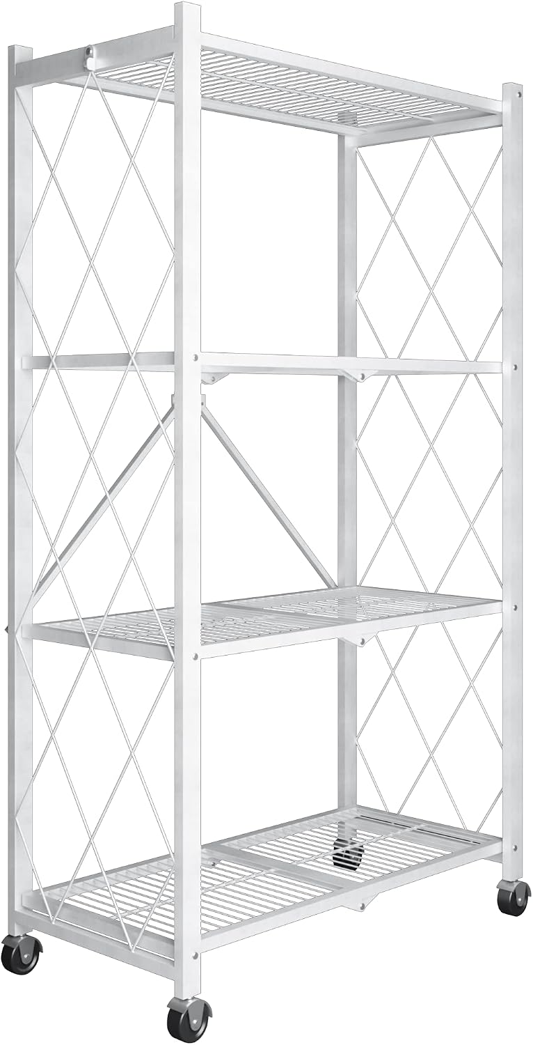 MSSOHKAN 4-Shelf Shelving Unit Heavy Duty Foldable Metal Shelves Rolling Utility Cart Collapsible Wire Shelving Storage Rack for Kitchen Living Room Bathroom Laundry Room Dressers White