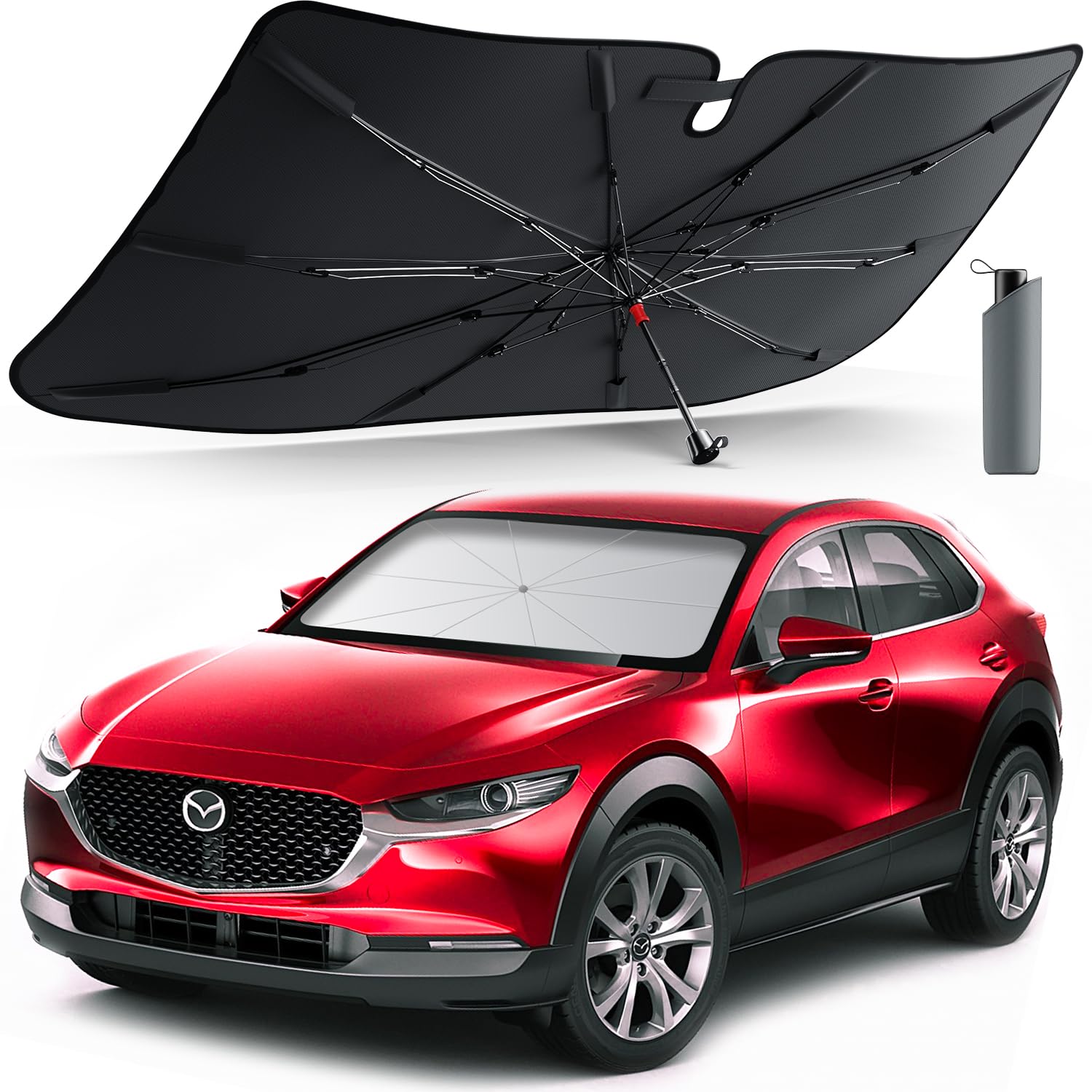 Car Windshield Sun Shade, [2024 Upgrade] [Newest Nano Ice-Crystal Coatings] Umbrella Sunshade for Car - Protect Interior from UV & Keep Car Cooler (Small Size)