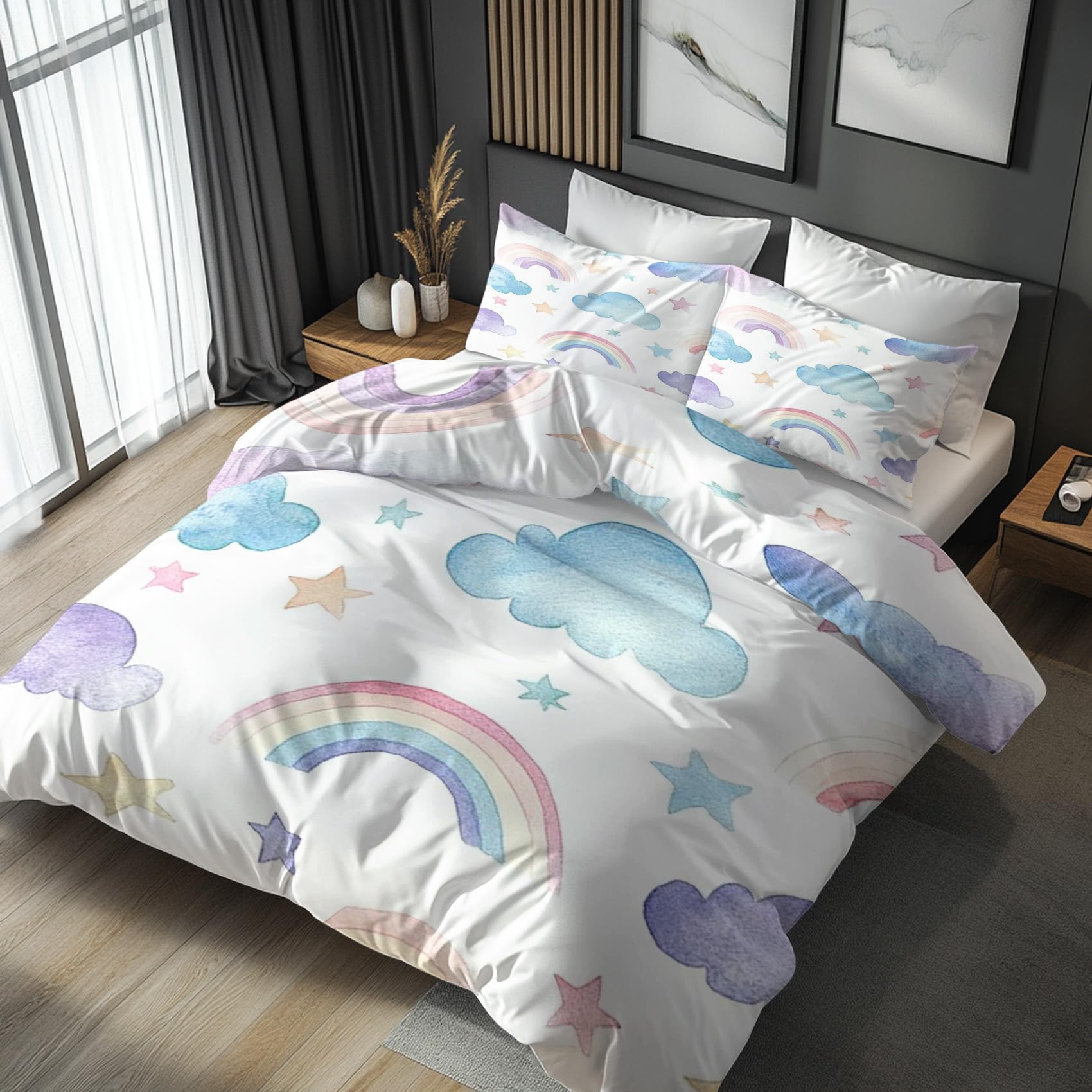Funda Nordica Cama 135/150 Infantil Arcoiris Nubes, Funda Edredon 220x240 y 2 Fundas de Almohada 50x75, Juego de Ropa de Cama de 3 Piezas Microfibra Suave con Cremallera TDSa41