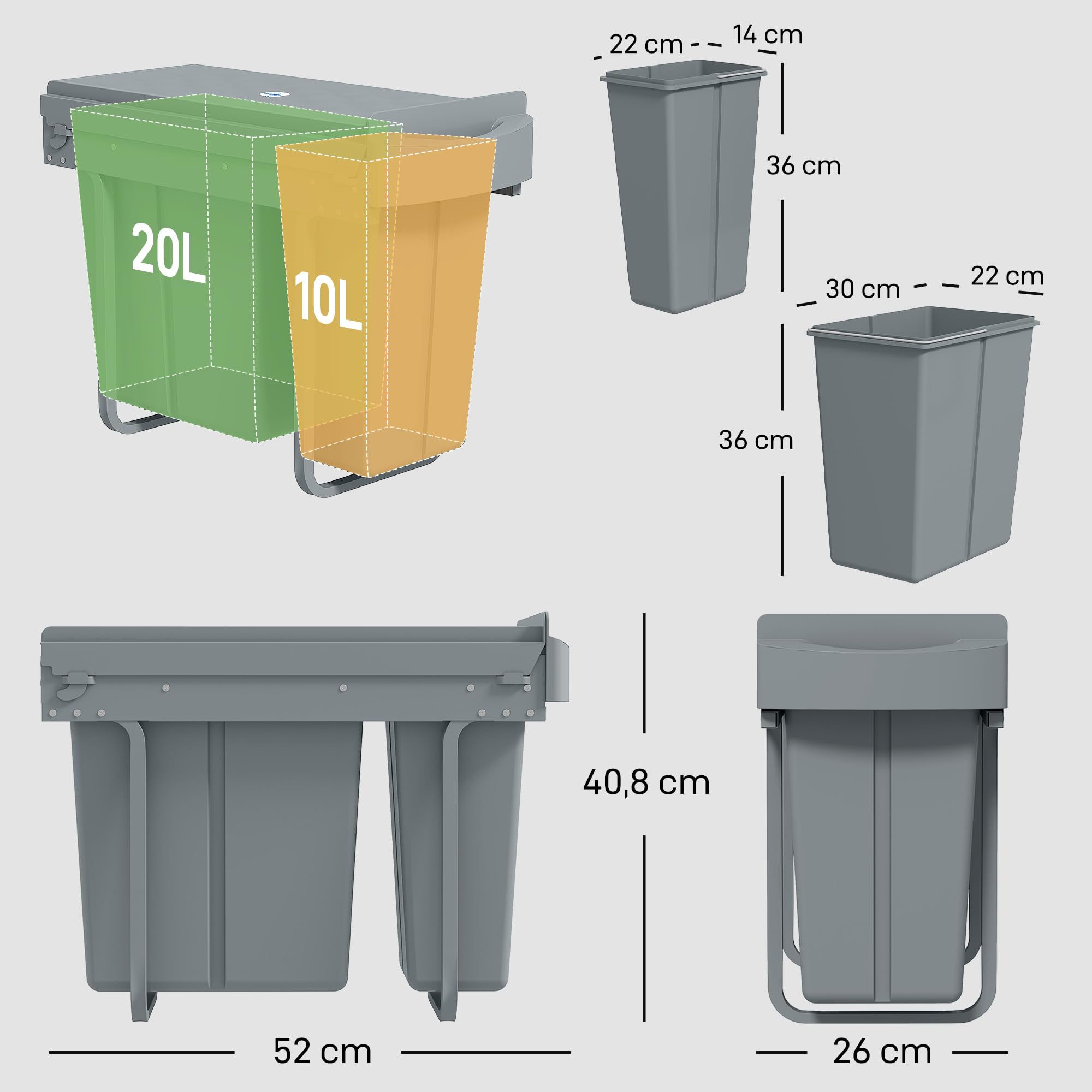 HOMCOM Poubelle Cuisine Coulissante Encastrable 30L Couvercle Motif Losange | 2 Compartiments Amovibles, Poubelle Sous Évie, Coulissement Fluide, Poignée, pour Déchets Recyclage