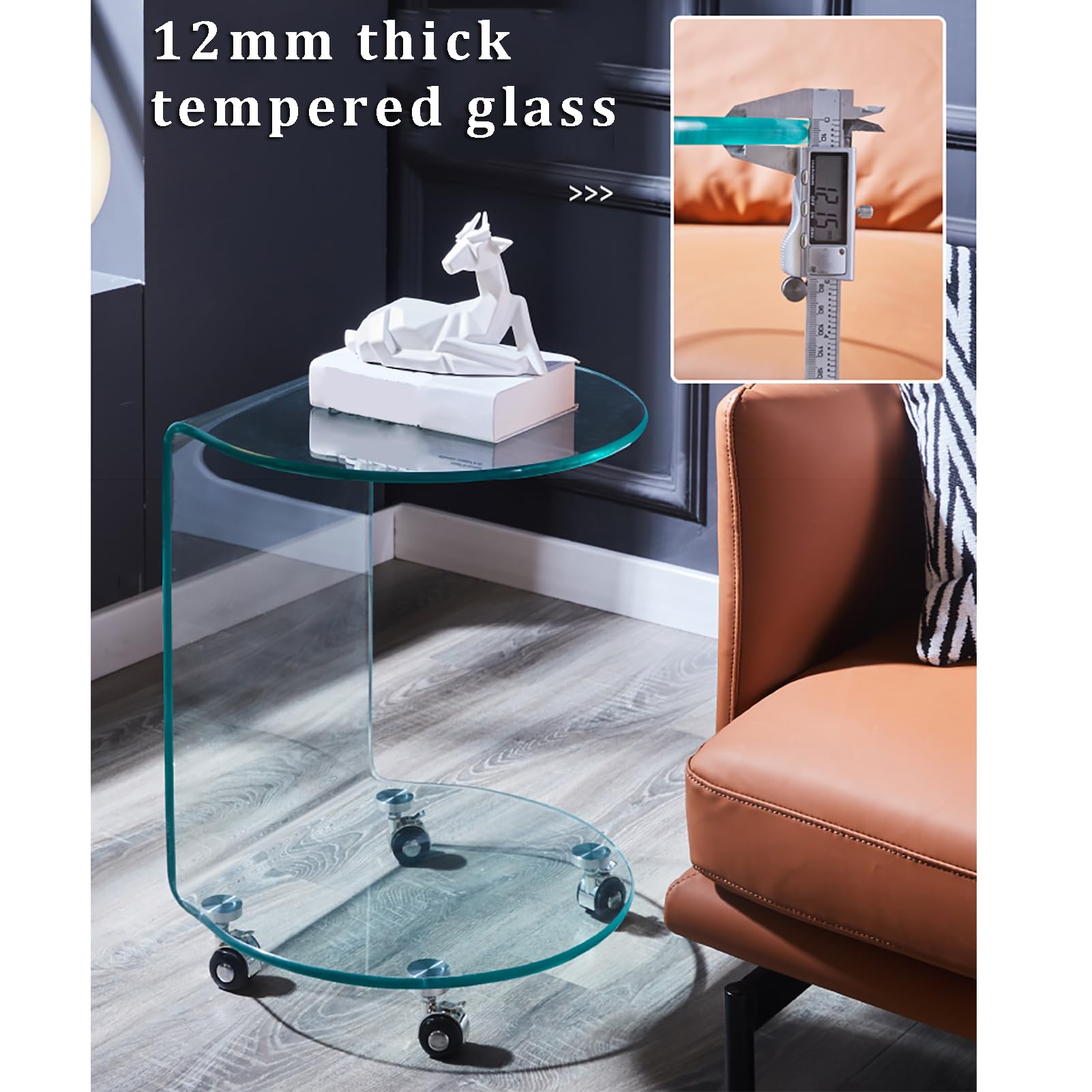Mesa auxiliar con ruedas en forma de C, moderna mesa auxiliar de 2 niveles con estantes de almacenamiento, mesa de centro de vidrio templado transparente para sala de estar y dormitorio