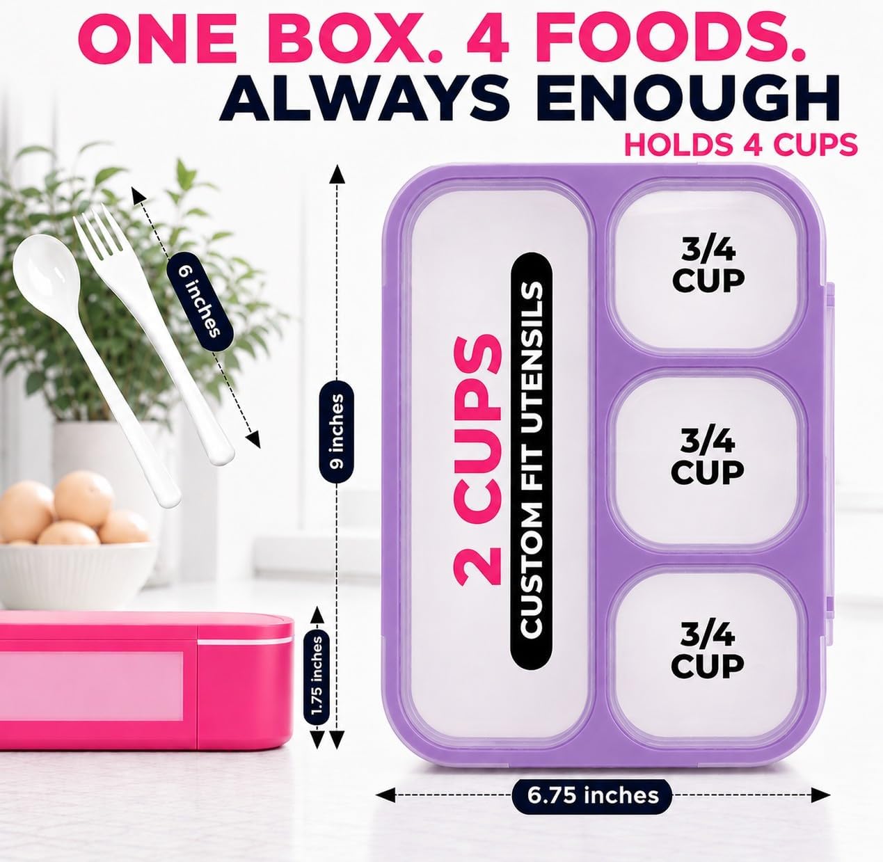kinsho Bento Box Lunch Boxes for Kids Adults with Utensils, Pink & Purple