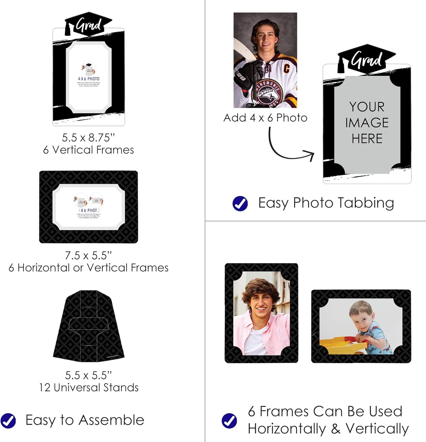 Big Dot of Happiness Black and White Graduation Party Centerpieces - 4x6 Picture Display - Paper Photo Frames - Set of 12