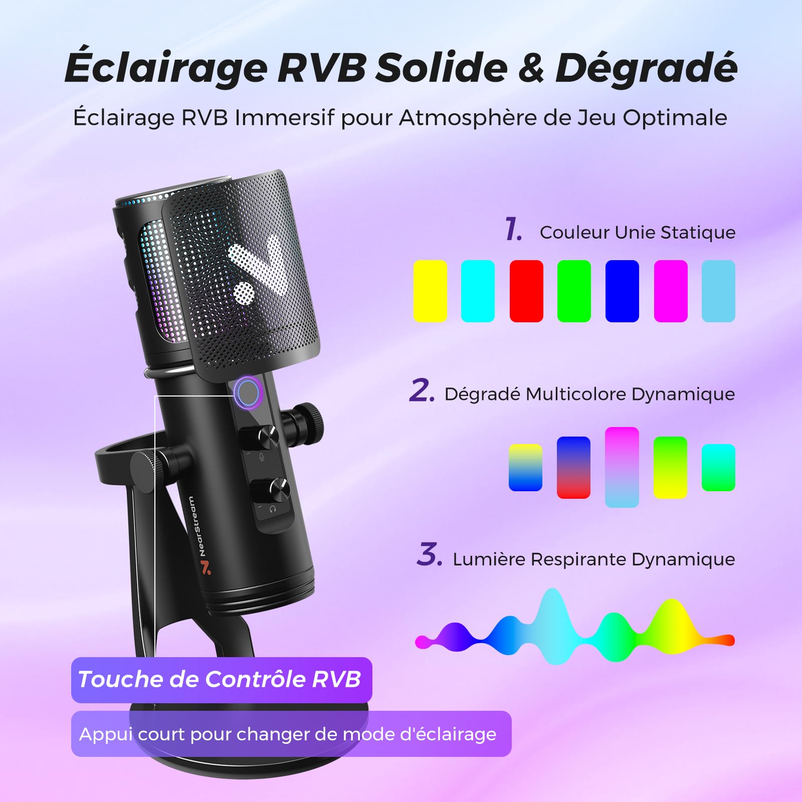 NearStream Microphone Jeu RVB USB à Condensateur Professionnel pour PC PS4 PS5, Micro Gaming avec Suppression du Bruit & LED RVB& Surveillance Audio en Temps Réel &Sourdine& Filtre Anti-Pop, AM35U