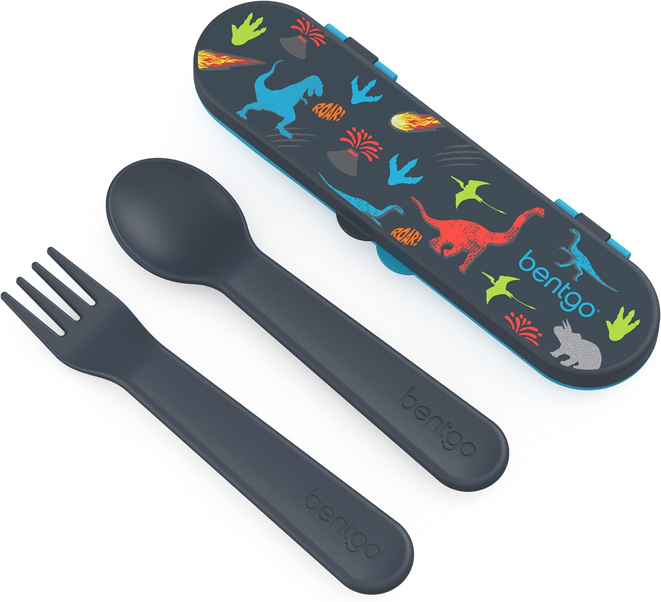 BentgoKids Utensil Set - Reusable Plastic Fork, Spoon & Storage Case Made From BPA-Free Materials, Dishwasher Safe - Ideal for School Lunch, Travel, Outdoor Use (Dino)