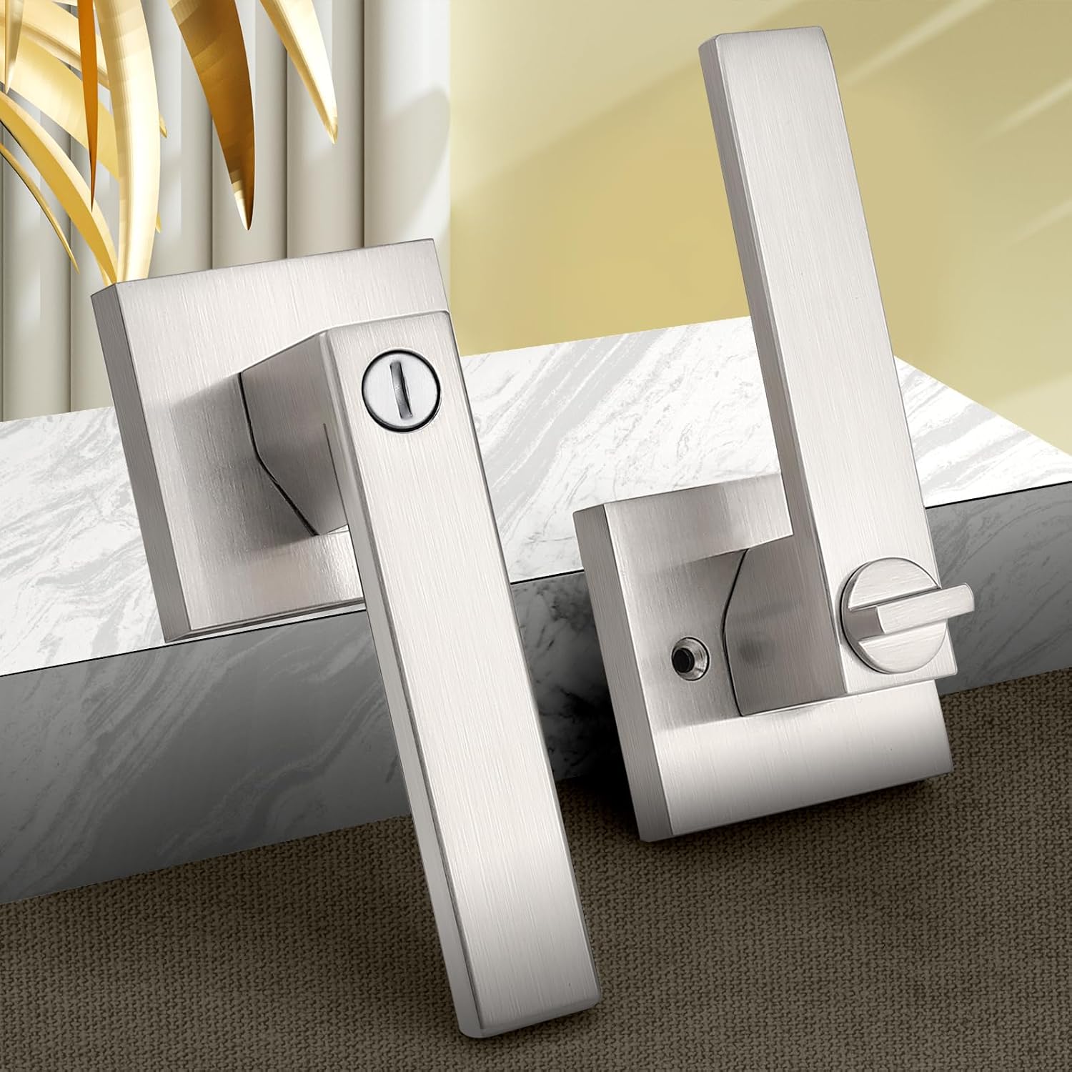Probrico Interior Brushed Nickel Door Handle, Heavy Duty, Flat Square Privacy Door Handles, Keyless Door Levers Lockset for Bedroom and Bathroom, 8 Pack