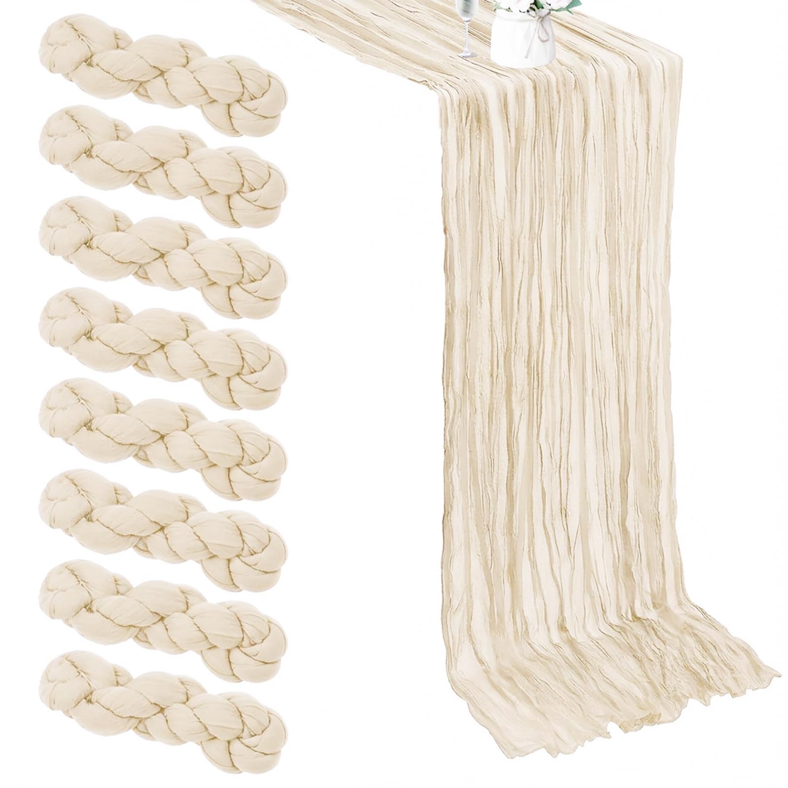 8 Pack Cheesecloth Table Runner, 10Ft Light Green Boho Gauze Cloth Table Runner for Wedding Holiday Party Birthday Party Decoration(55x300 cm) (Beige)
