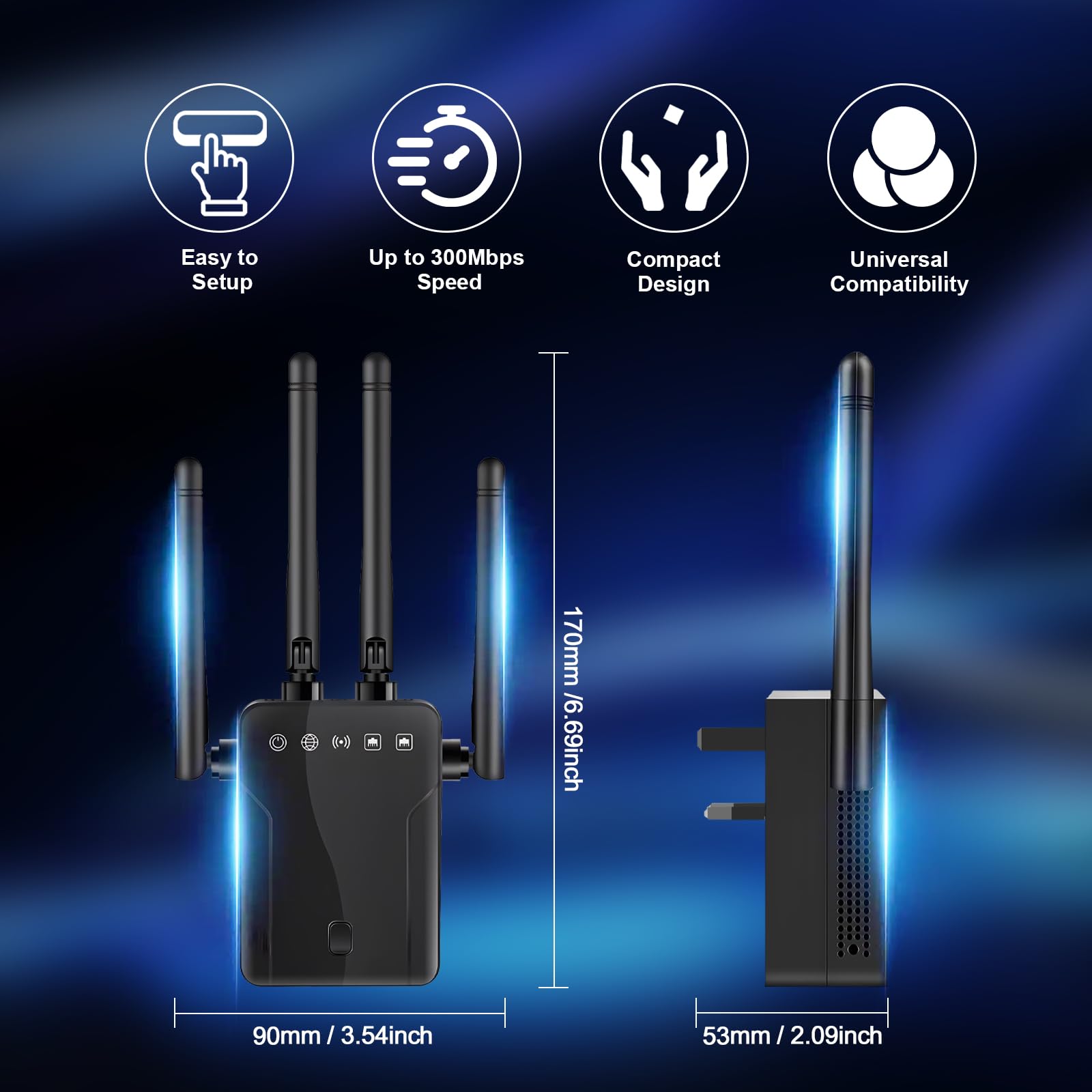 Amplificateur de signal WiFi pour la maison – Extension de portée WiFi 300 Mbit/s avec 4 antennes, couvre jusqu'à 600 m² et 35 appareils, amplificateur WiFi avec mode AP/répéteur, amplificateur