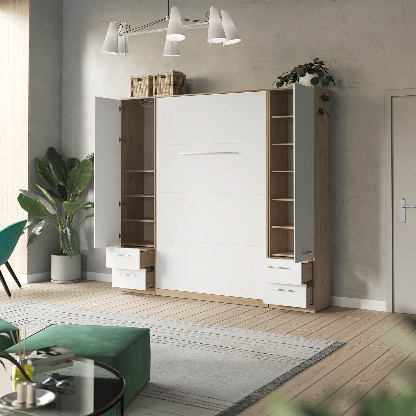 SMARTBett Juego de pared con cama de armario estándar, 140 x 200 cm, vertical, 2 x 50 armarios, roble salvaje, blanco