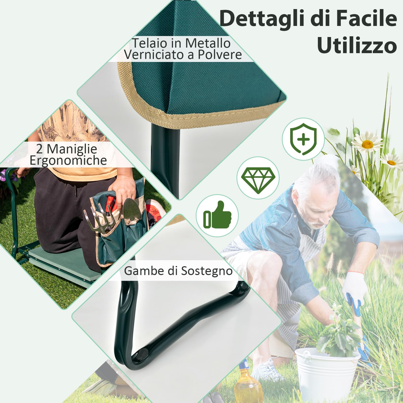 COSTWAY Inginocchiatoio da Giardino 2 in 1 Portatile e Pieghevole, Sgabello da Giardino con Inginocchiatoio e Borsa, Sedile per Giardinaggio da Inginocchiare e Sedere