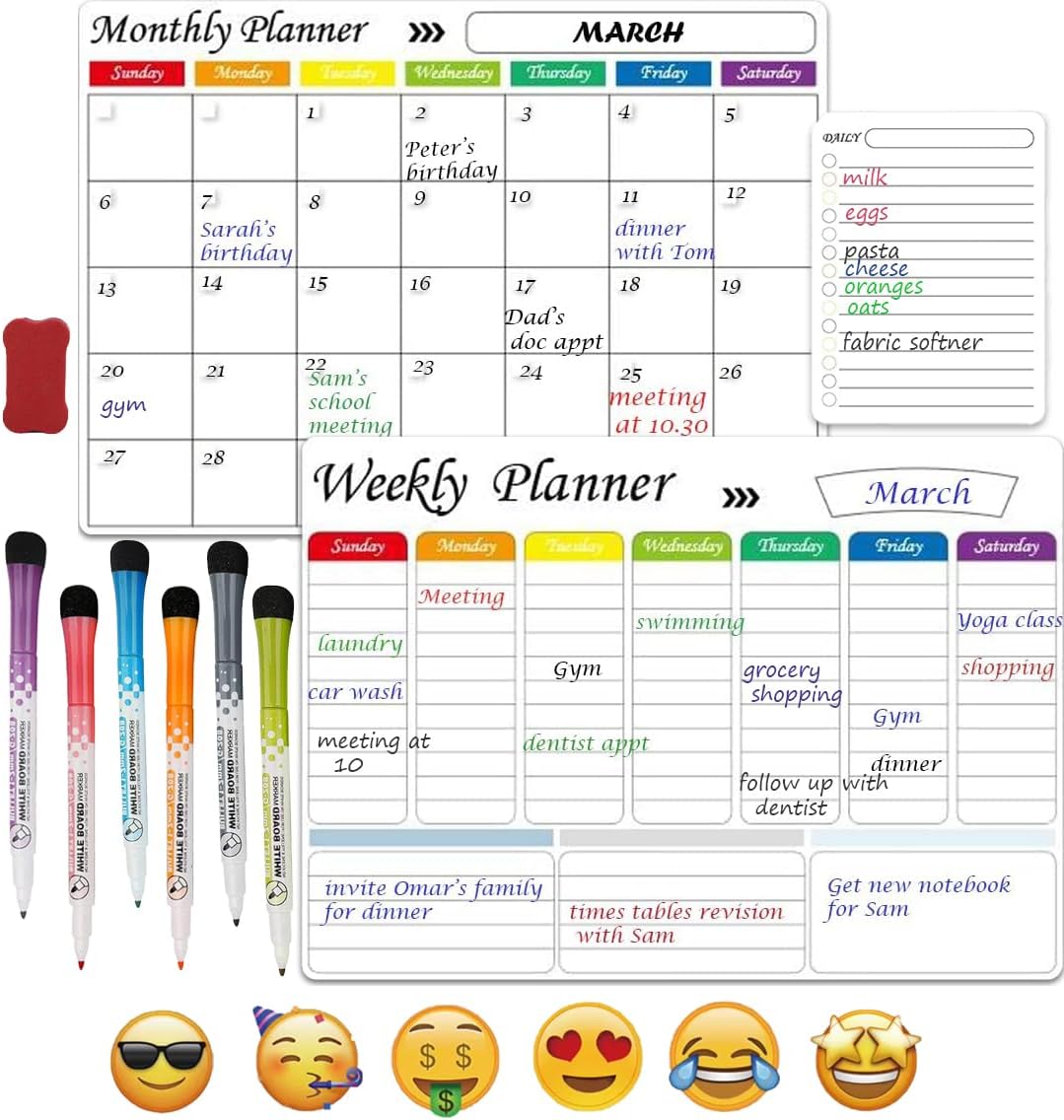 Magnetic Whiteboard Calendar Planner Set, 3 Pcs Magnetic Calendar, Planning Board for Home and Office, Monthly Weekly Organizer, Daily Notepad, Kitchen Fridge Planners, Wall Family Calendar.