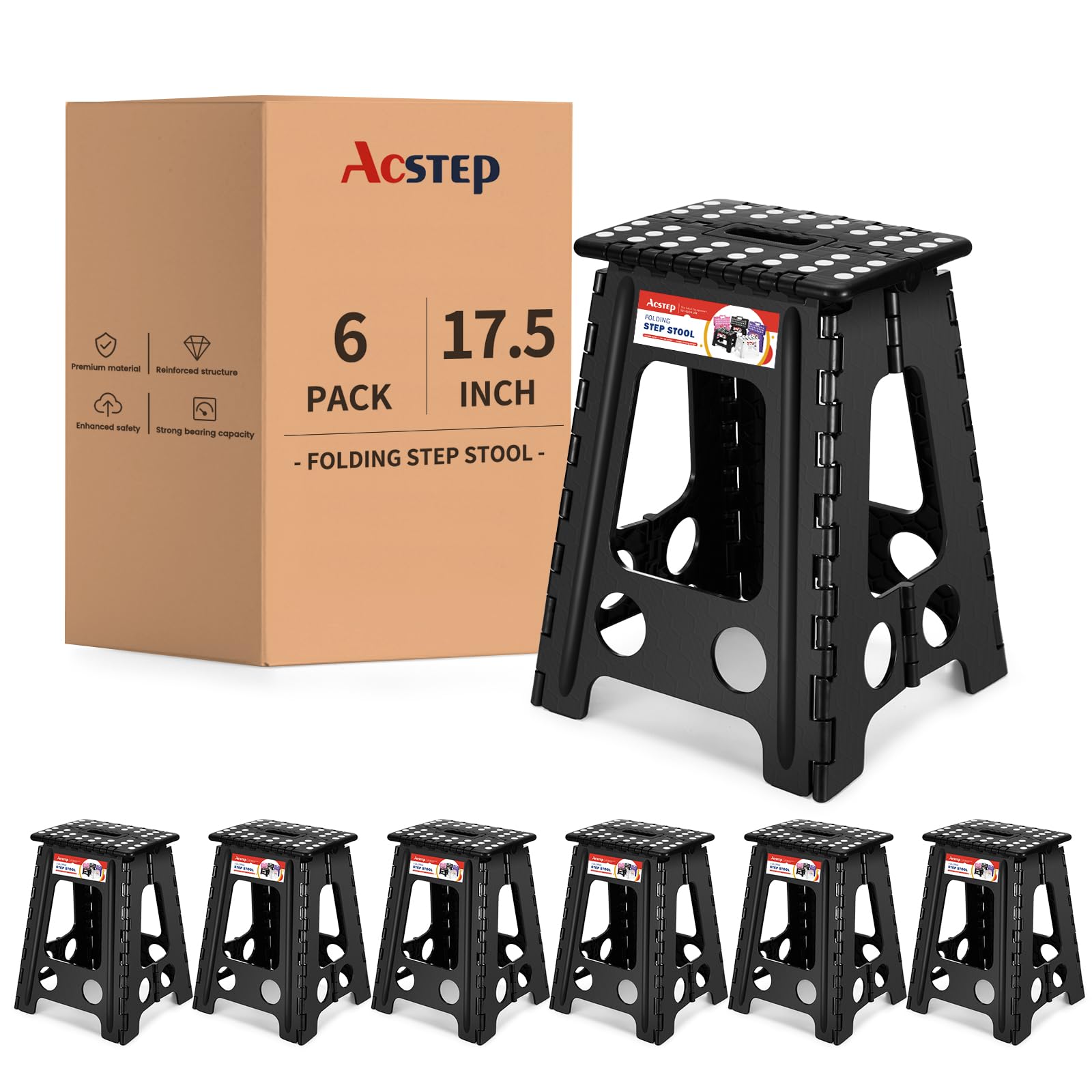 ACSTEP 6pack Folding Step Stool 17.5 Inch Stool Heavy Duty Plastic Foldable Step Stools for Adults and Kids, Stepping Stool with Handle, Folding Stool
